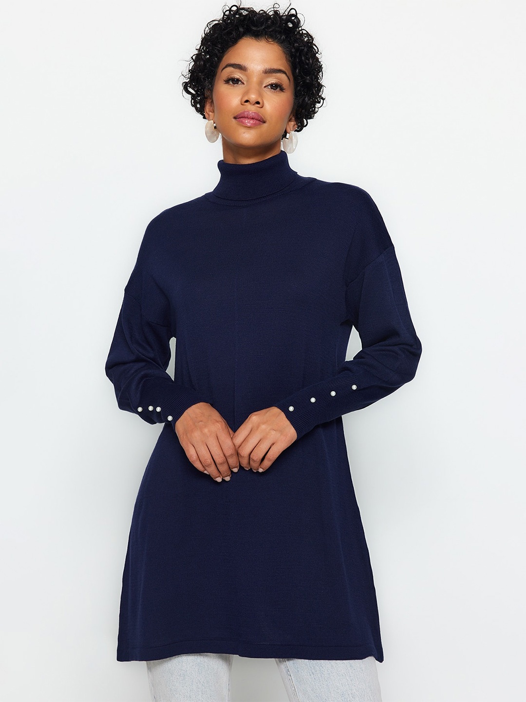 

Trendyol Acrylic Turtle Neck Longline Pullover Sweaters, Navy blue