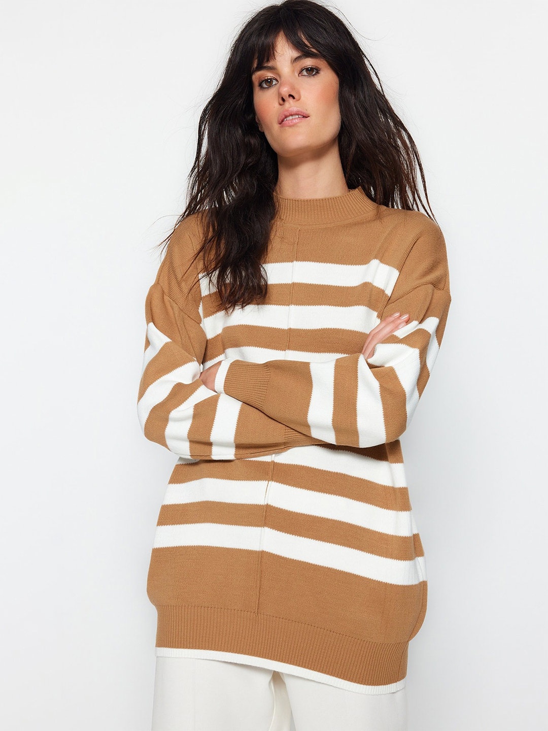 

Trendyol Women Brown & White Striped Pullover