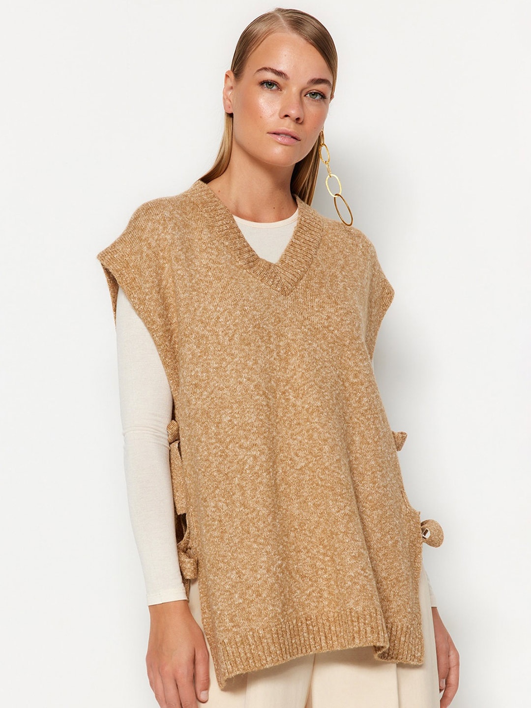 

Trendyol Self Design Tie Up Detail V-Neck Acrylic Sweater Vest, Beige