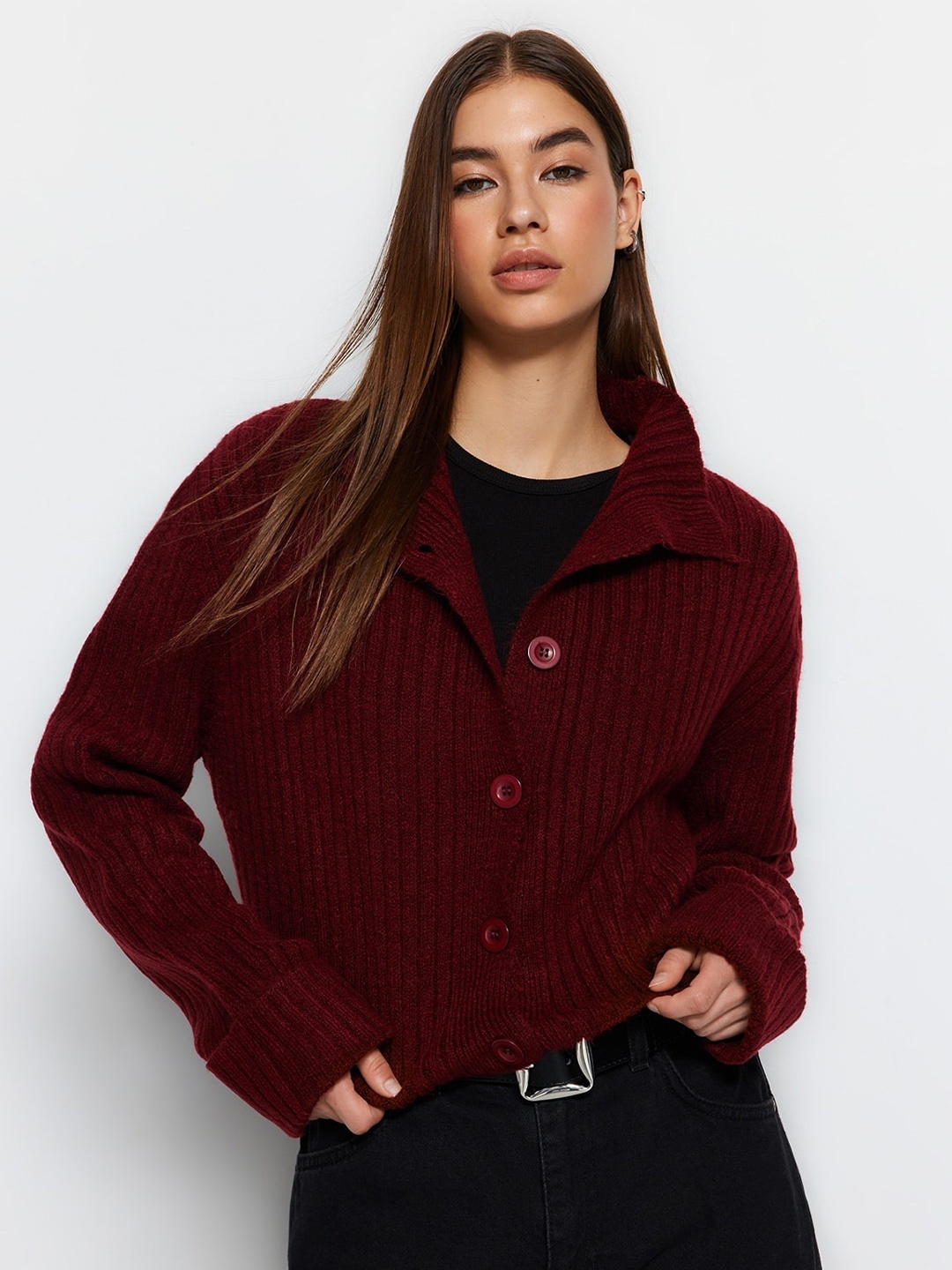 

Trendyol Ribbed Crop Cardigan, Maroon