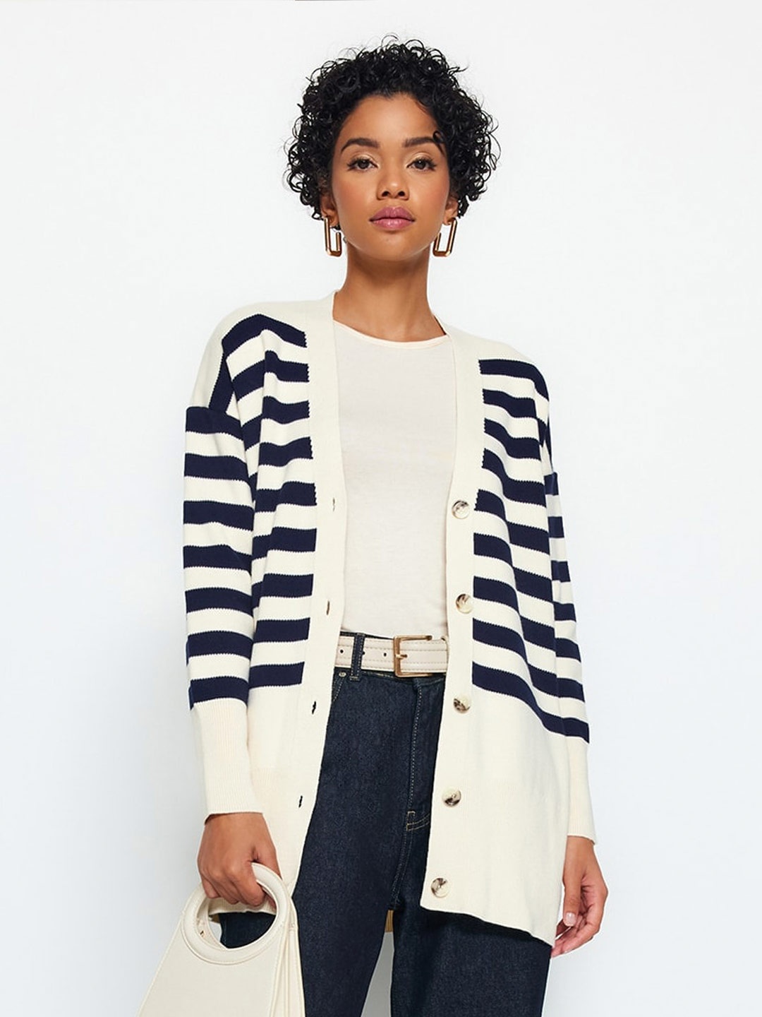 

Trendyol Women Off White & Black Striped Longline Sweater Vest