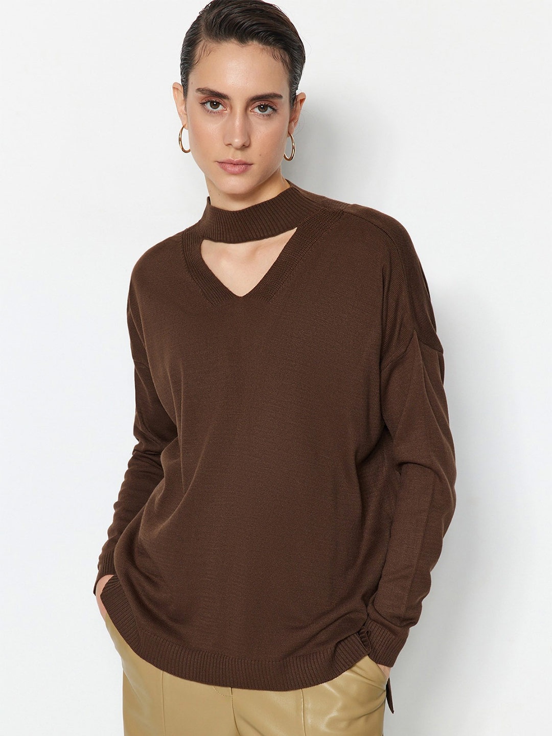 

Trendyol Mock Collar Acrylic Pullover, Brown