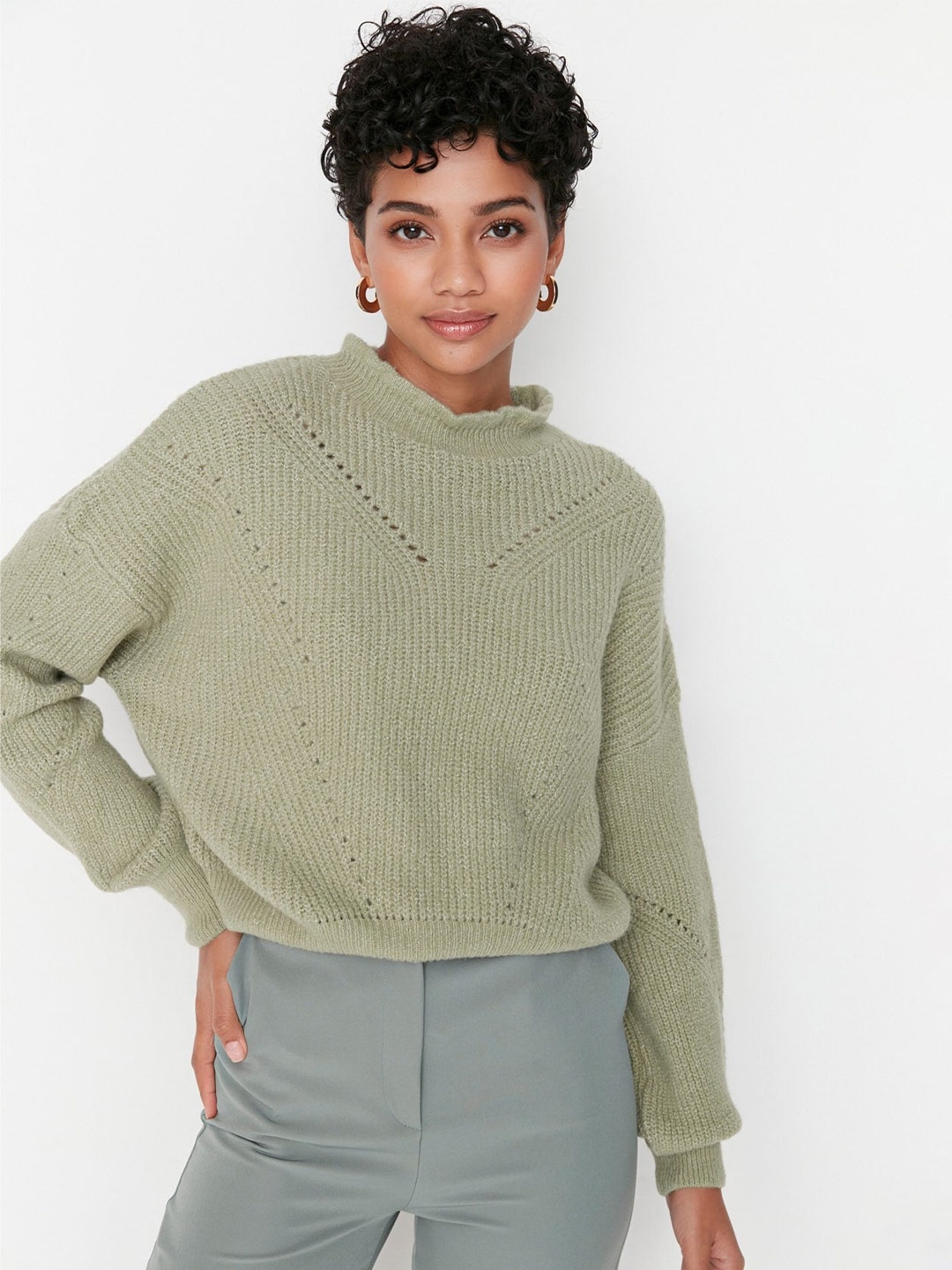 

Trendyol Self Design Cable Knit Pullover, Green