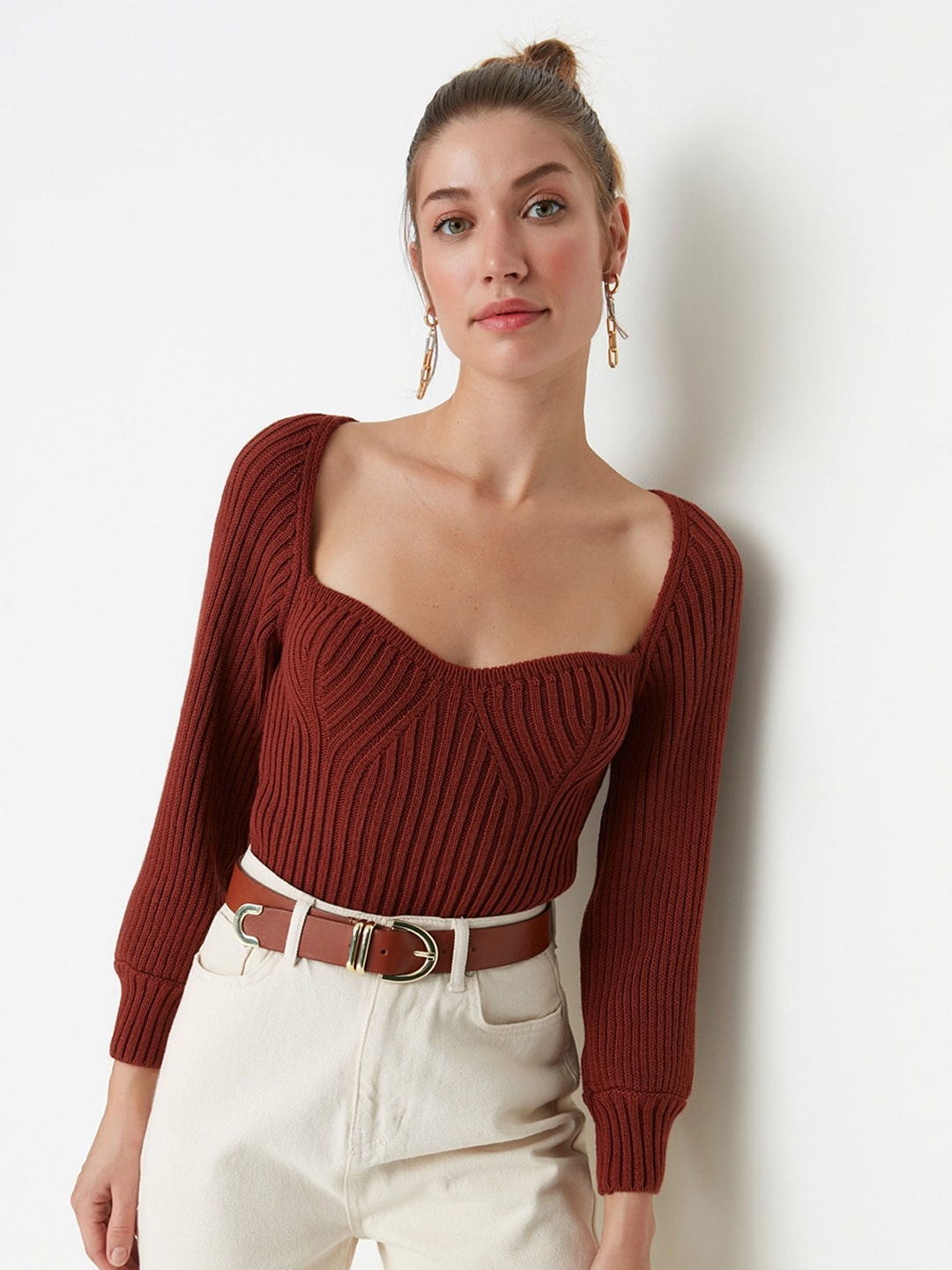

Trendyol Self Designed Sweetheart Neck Pure Acrylic Crop Top, Brown