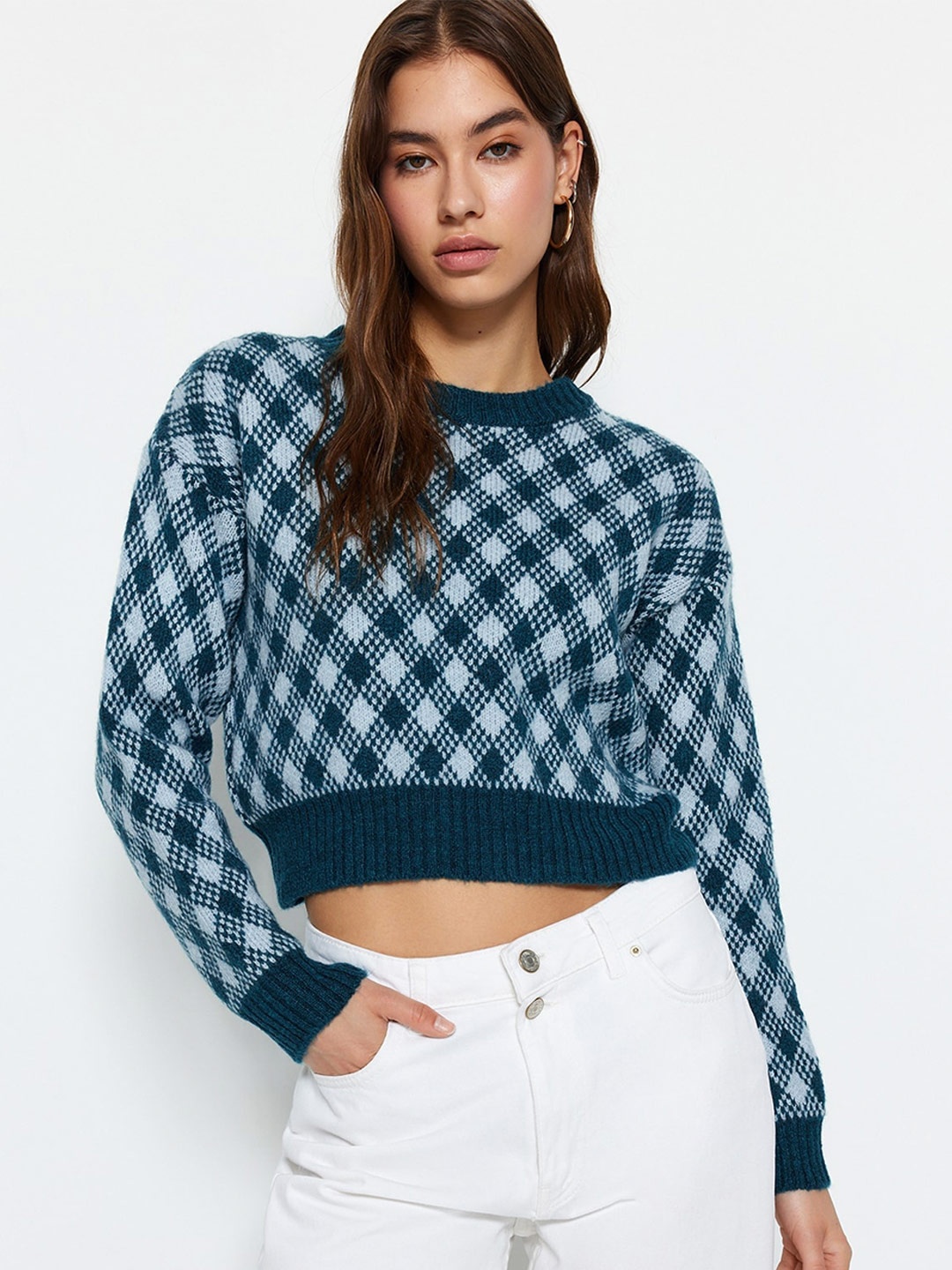 

Trendyol Checked Cropped Pullover Sweater, Green