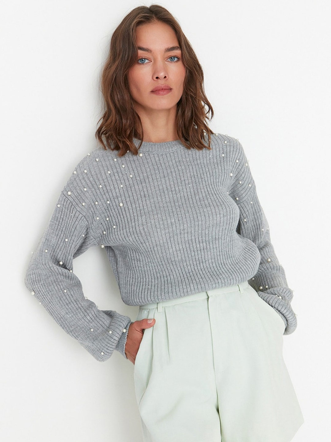 

Trendyol Ribbed Acrylic Sweater With Embellished Detail, Grey