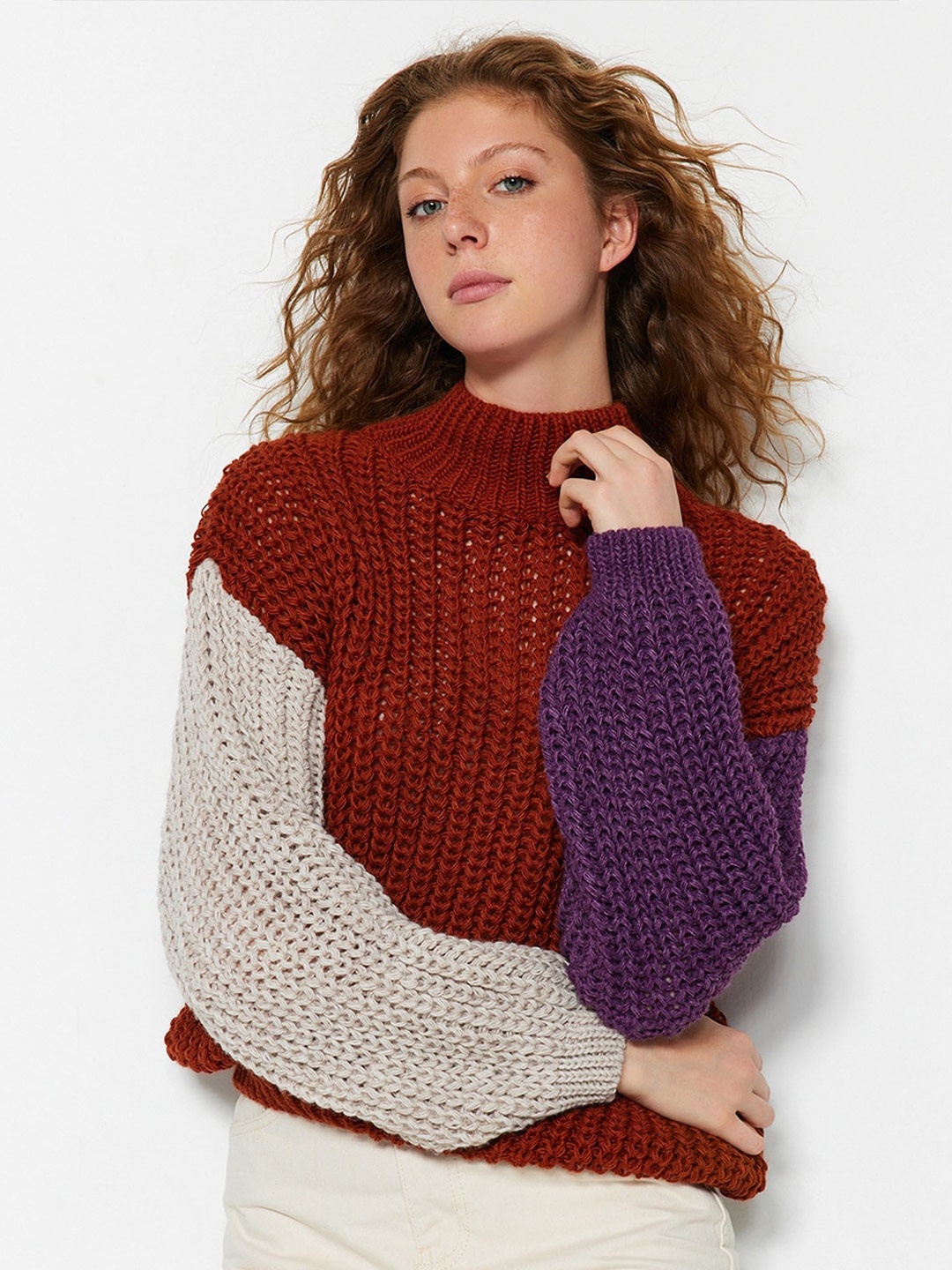 

Trendyol Colourblocked Open Knit Sweater, Brown