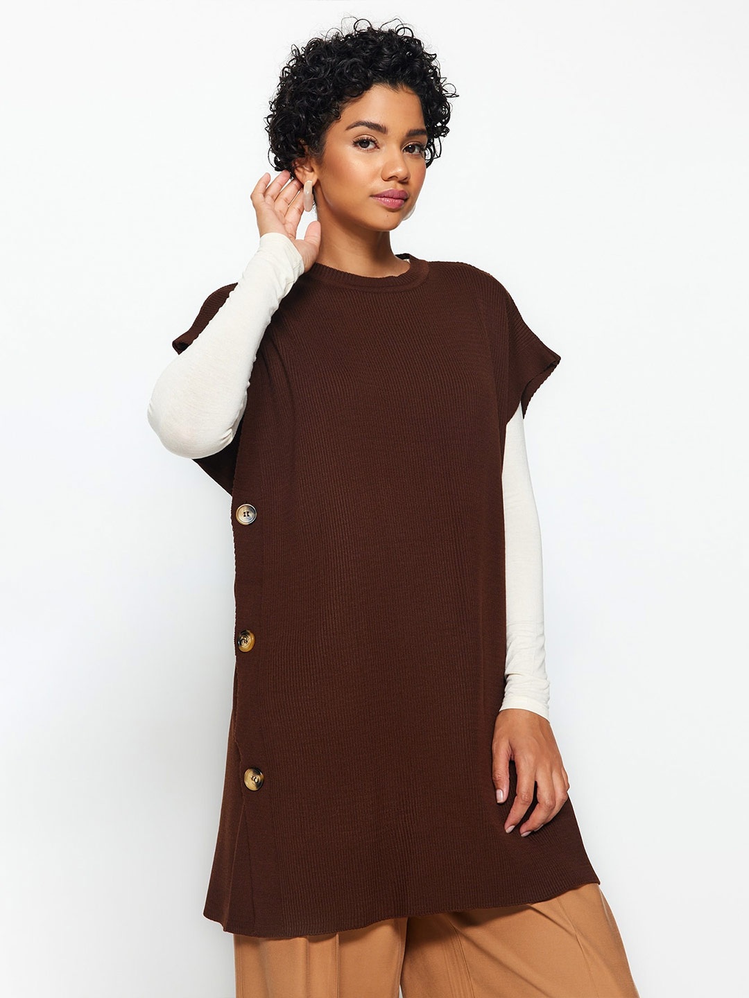 

Trendyol Round Neck Pure Acrylic Longline Pullover, Brown