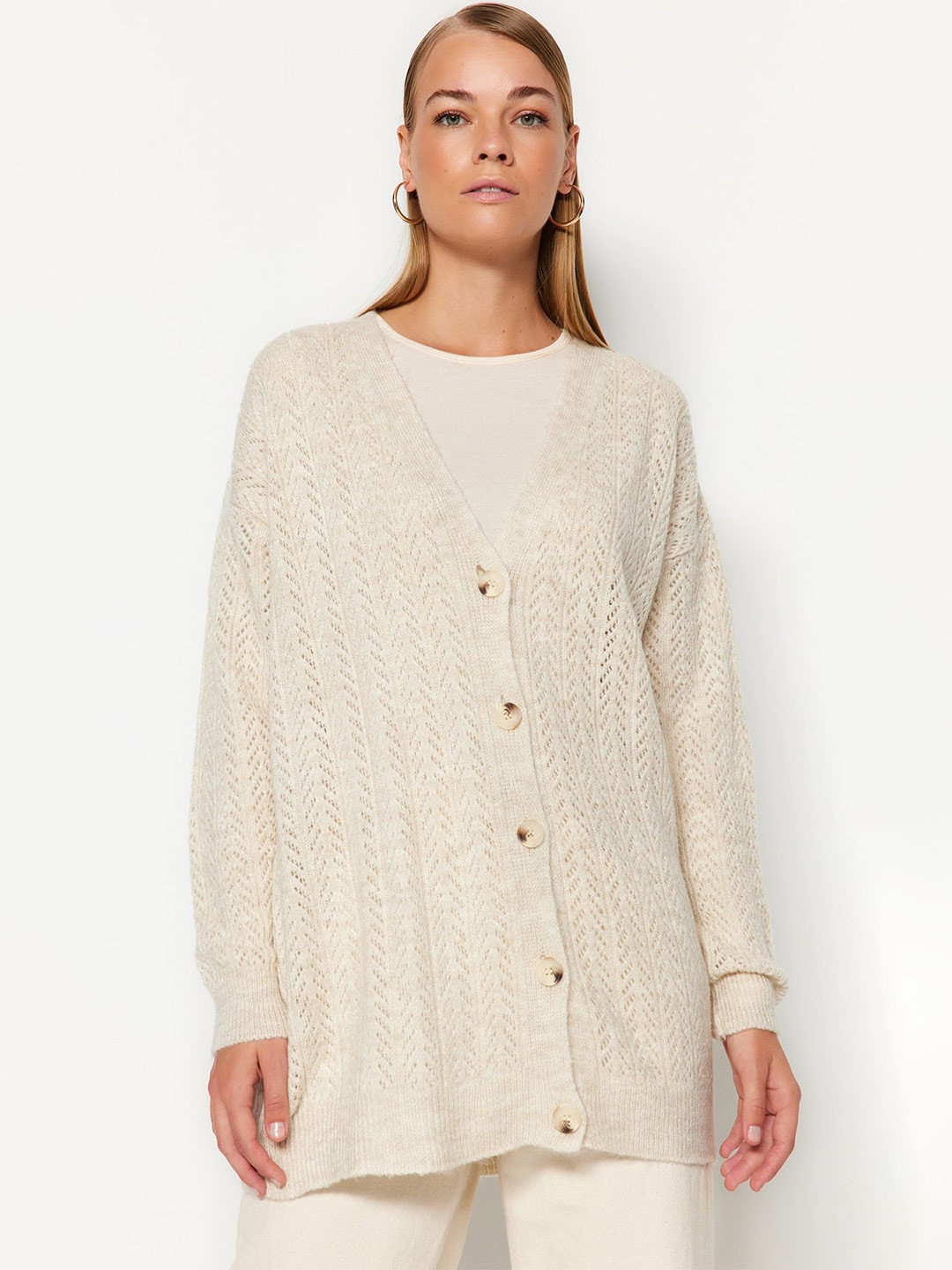 

Trendyol Cable Knit Pure Acrylic Longline Cardigan, Beige