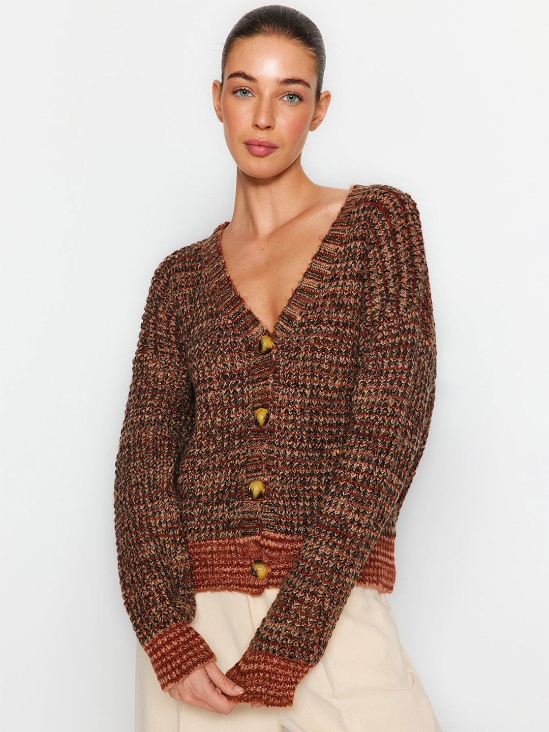 

Trendyol Cable Knit V-Neck Crop Cardigan, Brown