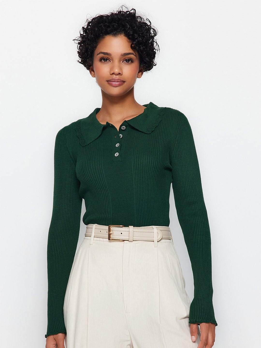 

Trendyol Ribbed Shirt Collar Acrylic Pullover Sweater, Green