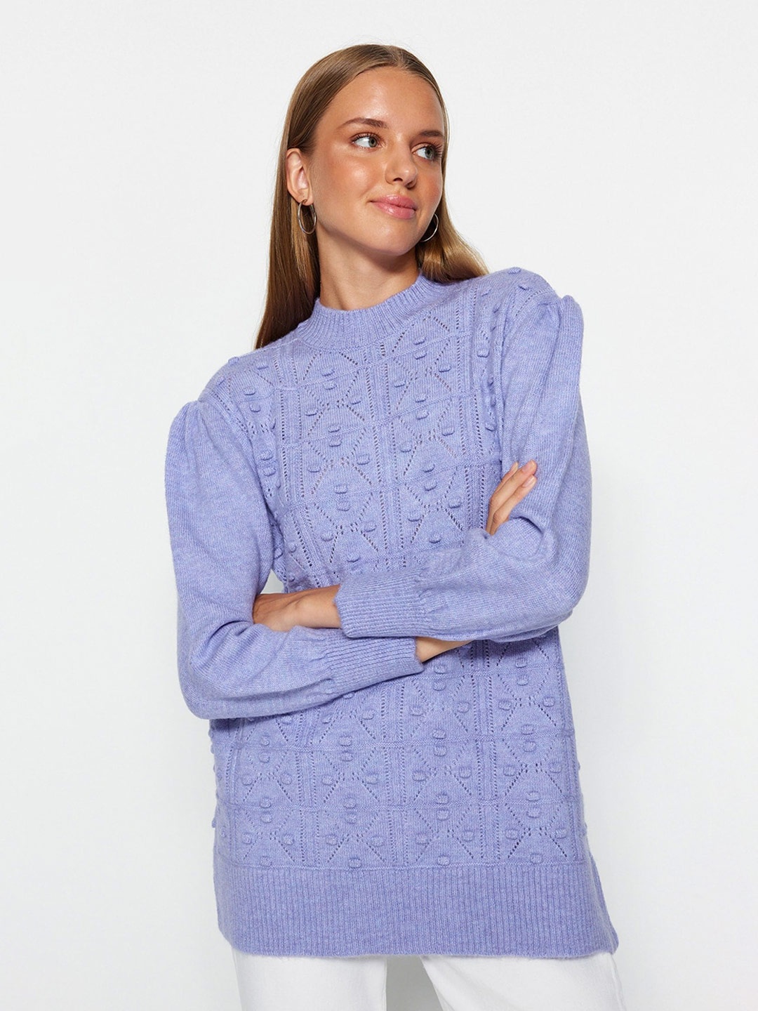 

Trendyol Cable Knit Self Design Acrylic Pullover, Purple