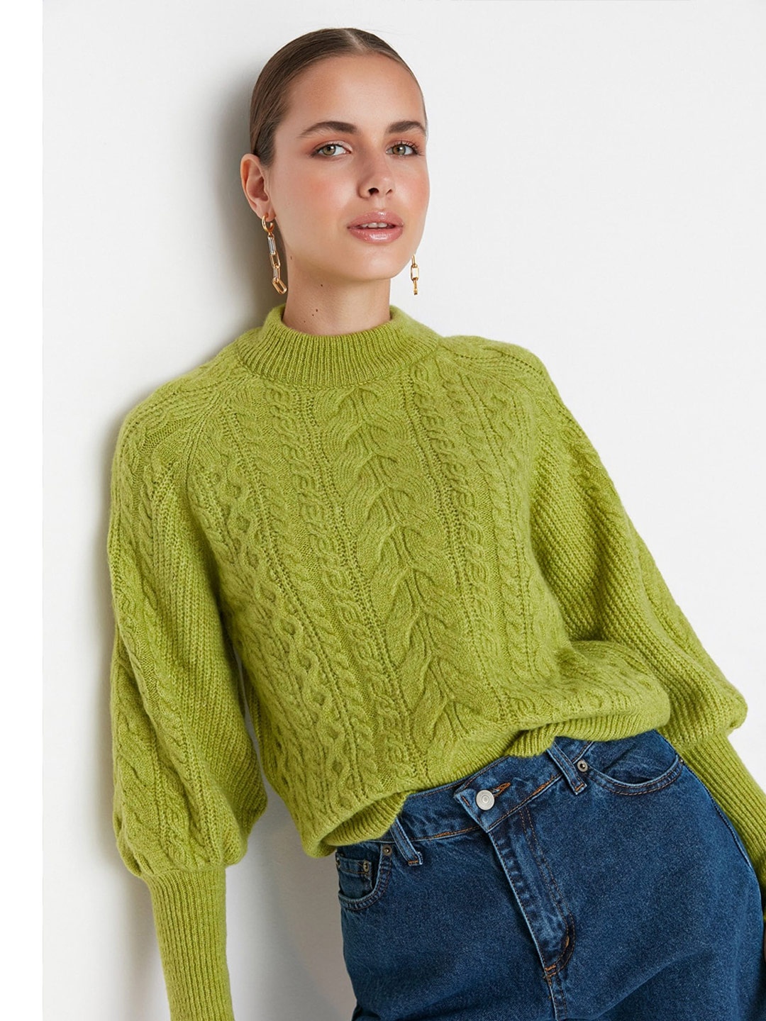 

Trendyol Cable Knit Puff Sleeves Sweater, Green