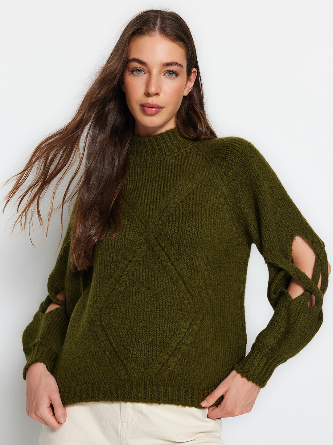 

Trendyol Mock Collar Cable Knit Pullover, Green