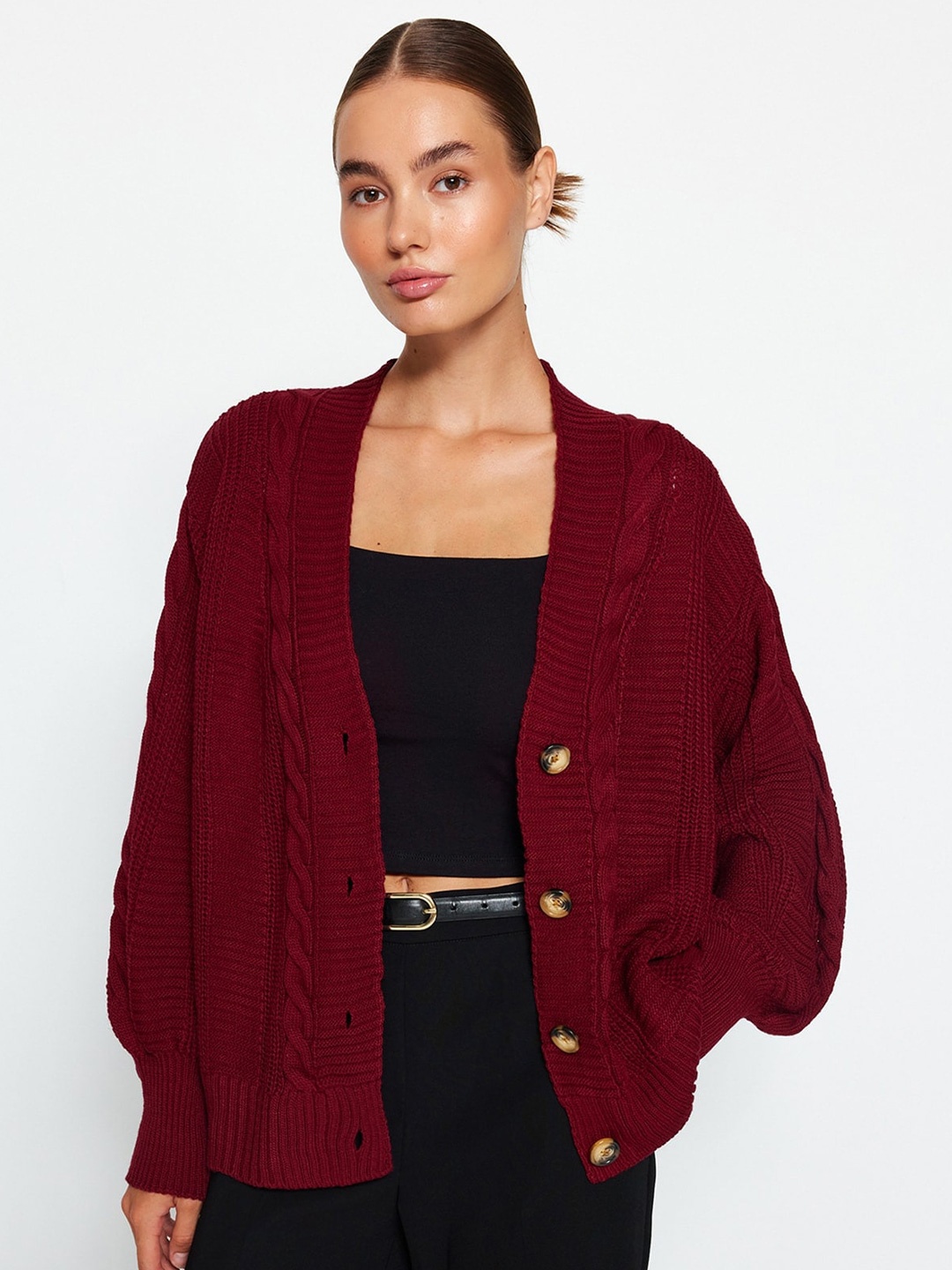 

Trendyol Self Design Cable Knit V-Neck Cardigan, Burgundy