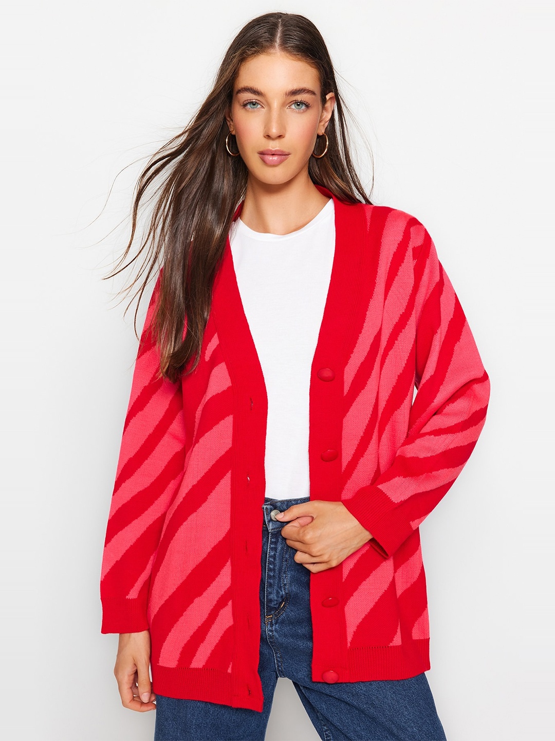 

Trendyol Printed V-Neck Acrylic Cardigan, Red