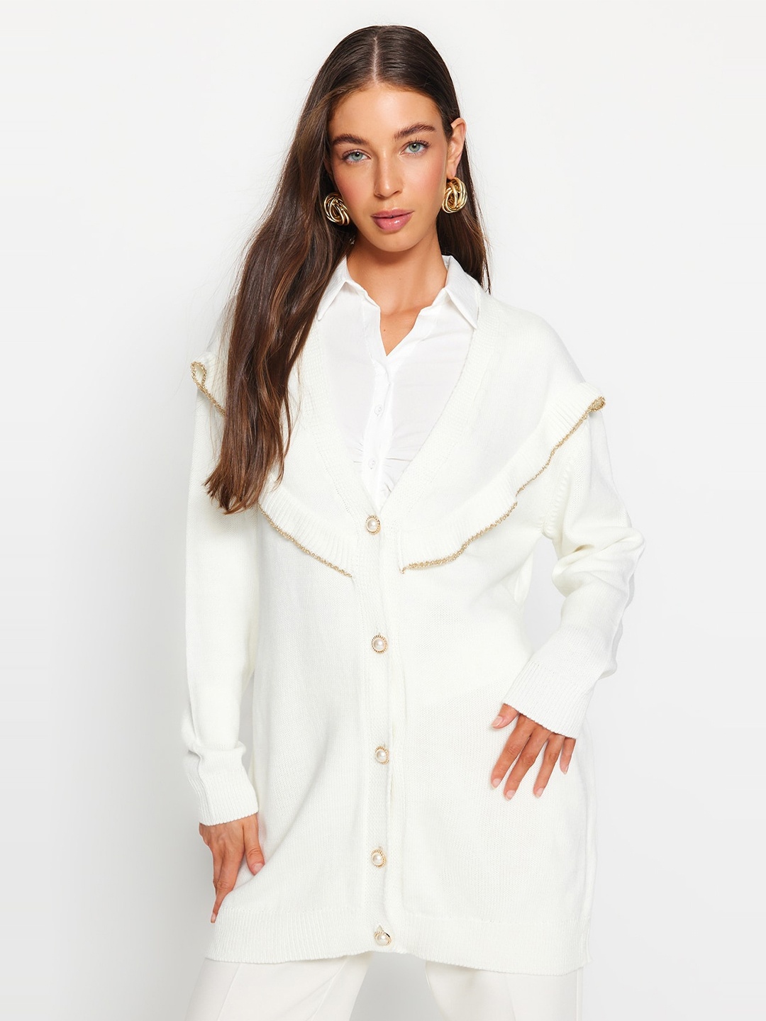 

Trendyol Ribbed Acrylic Front-Open Sweaters, Off white