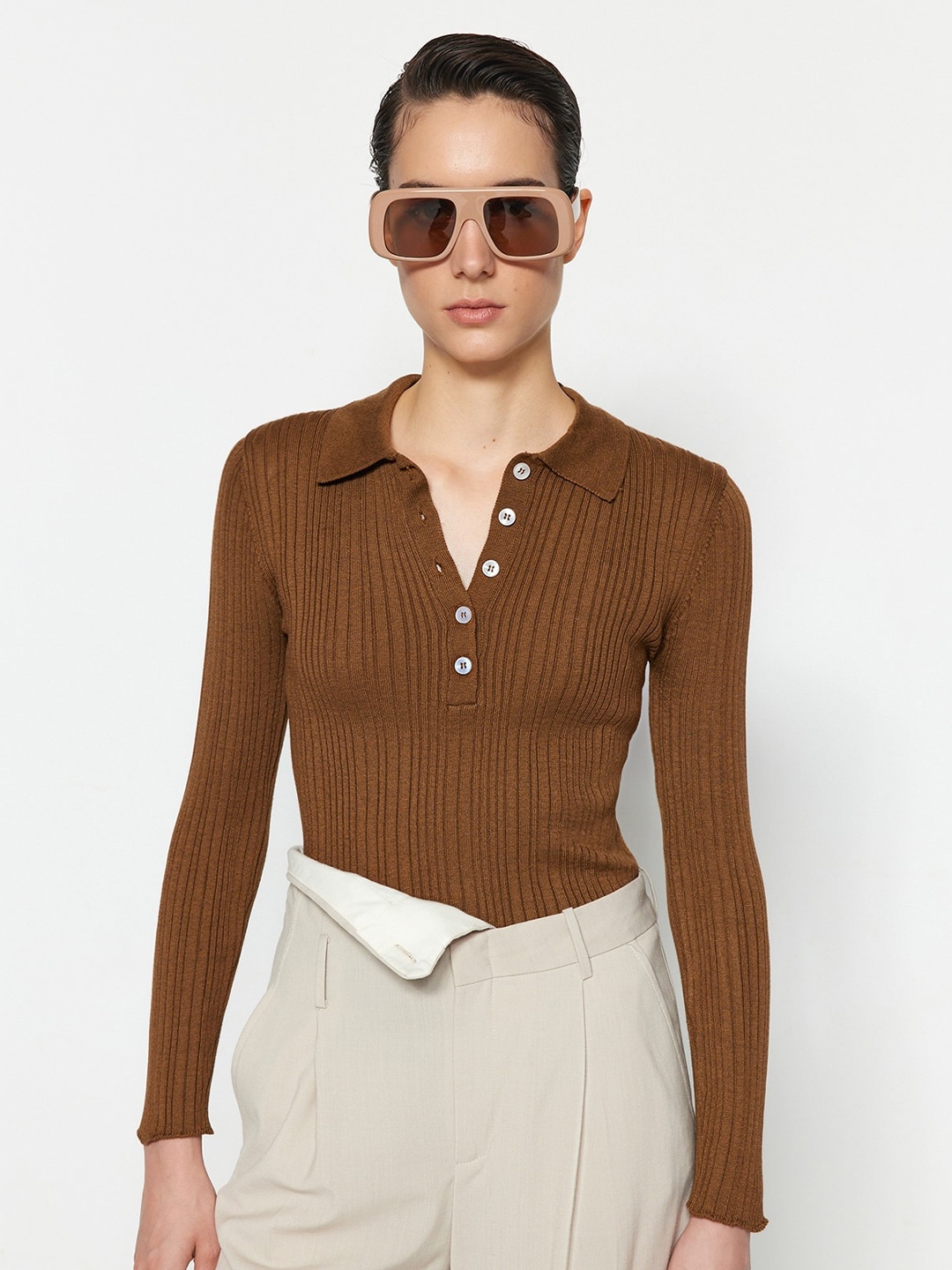 

Trendyol Ribbed Shirt Collar Half Placket Pullover Sweater, Brown