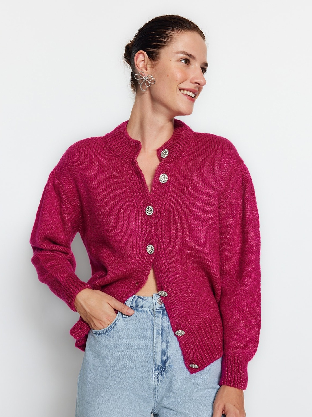 

Trendyol Self Design Mock Neck Cardigan, Pink