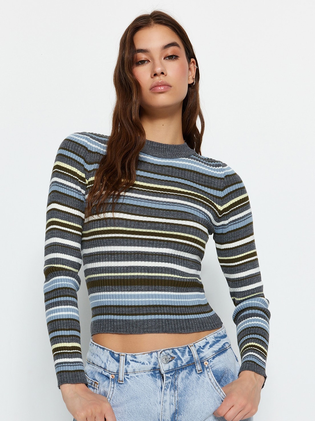 

Trendyol Striped Pullover Sweater, Grey
