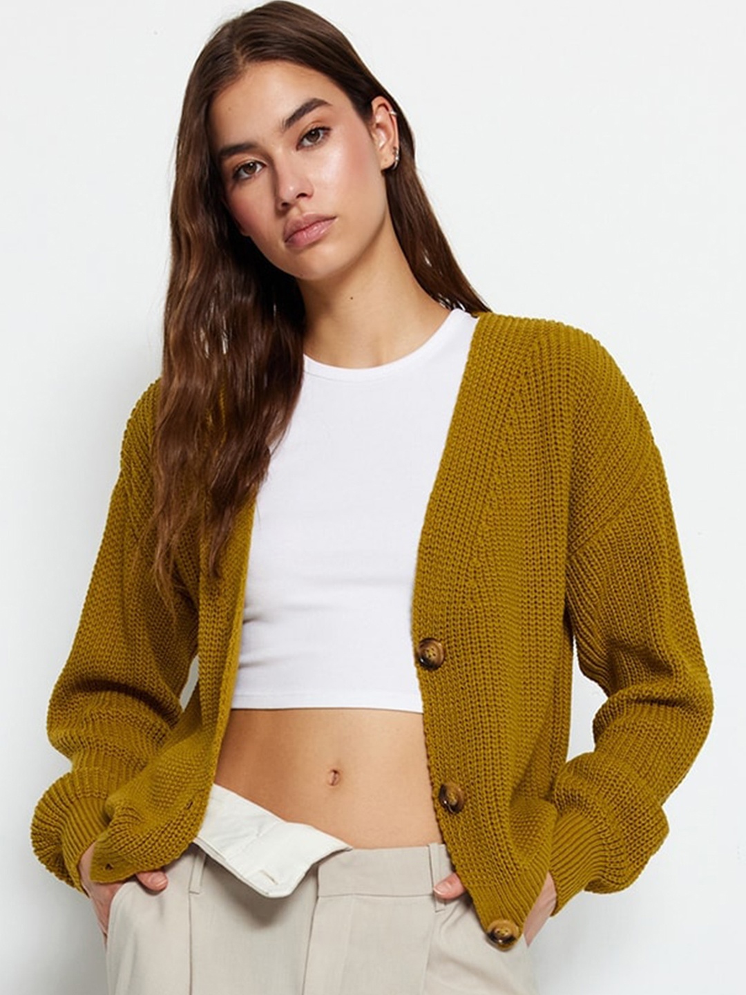 

Trendyol Cable Knit V-Neck Cardigan, Mustard