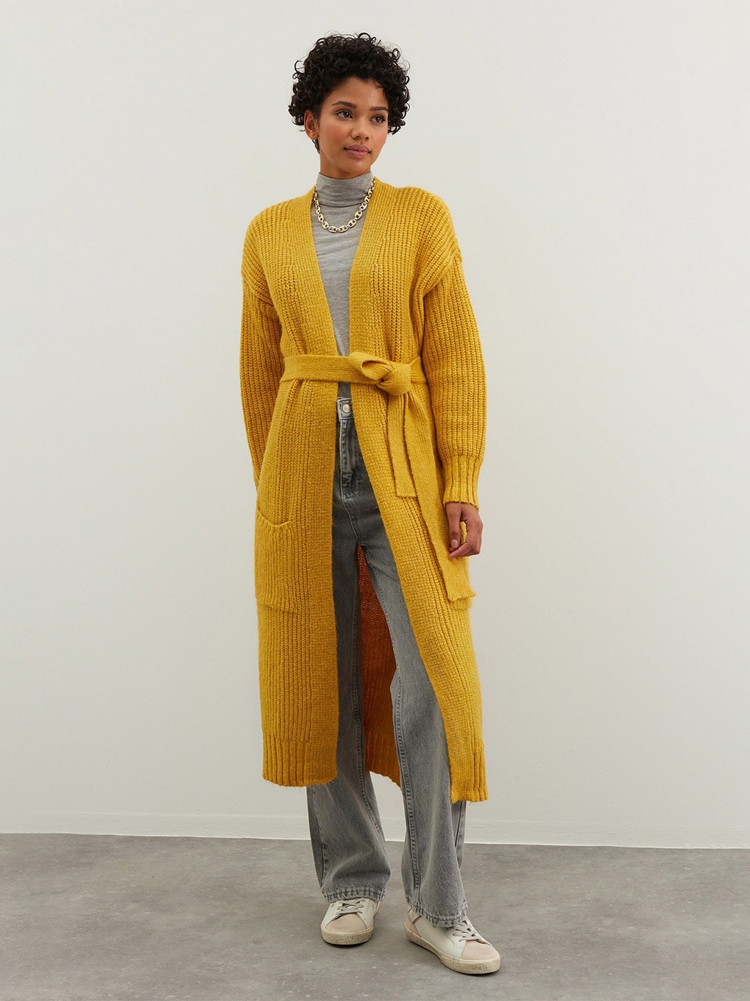 

Trendyol Ribbed Longline with Belted Detail Front-Open Sweater, Yellow