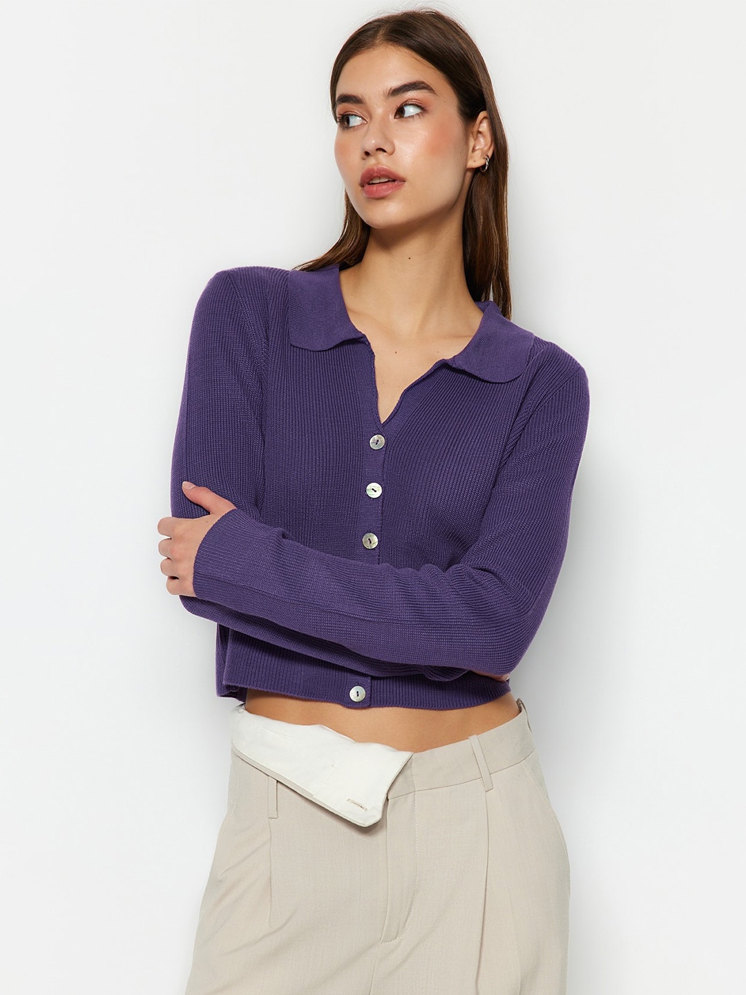 

Trendyol Shirt Collar Ribbed Crop Cardigan, Purple