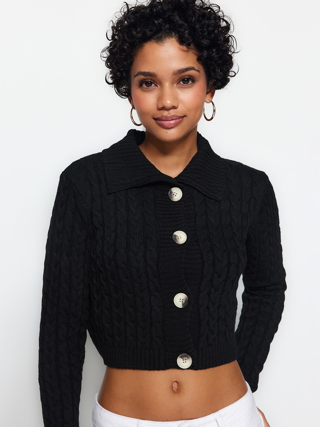 

Trendyol Self Design Cable Knit Crop Acrylic Cardigan, Black