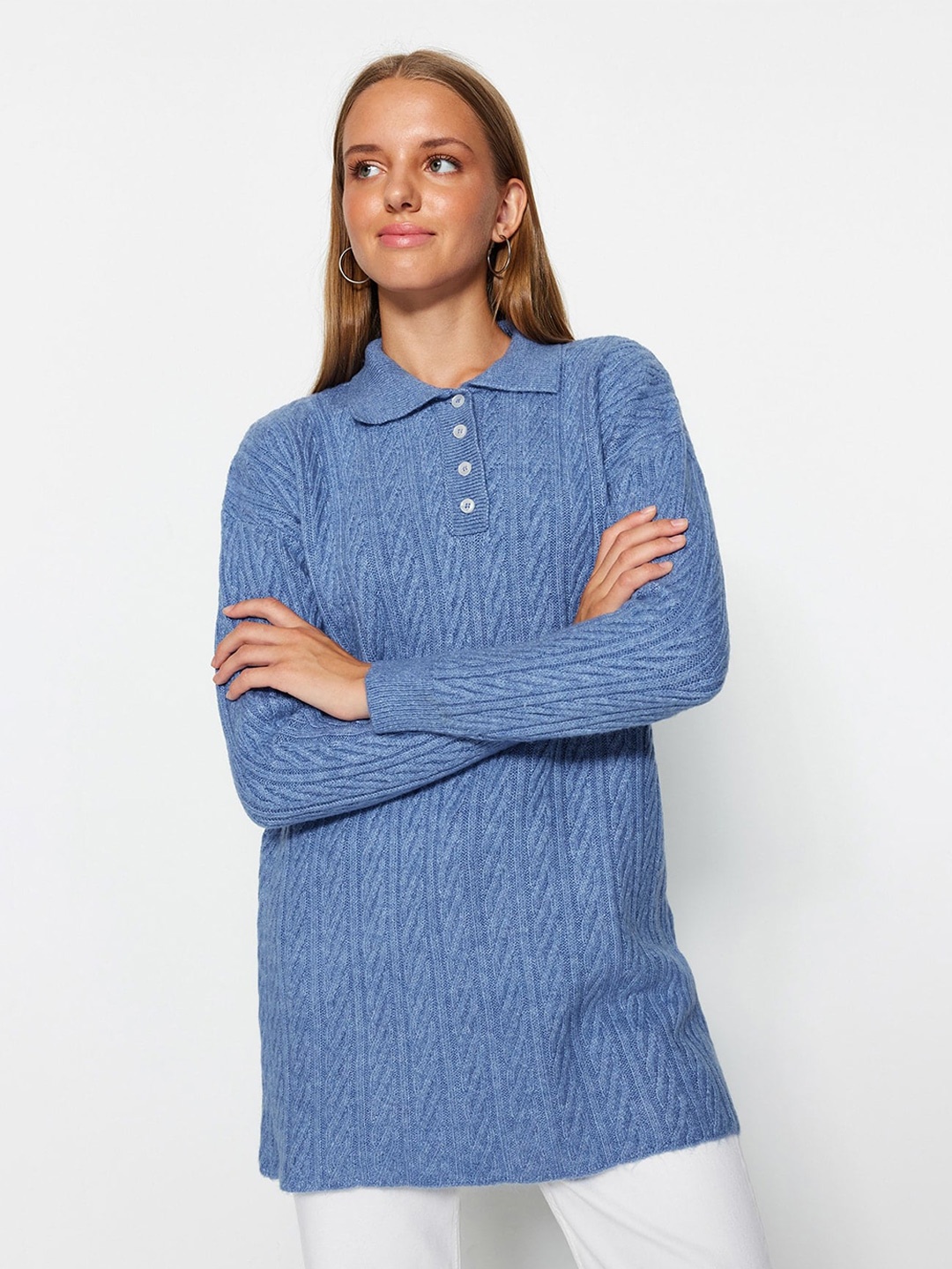 

Trendyol Cable Knit Longline Pullover, Blue