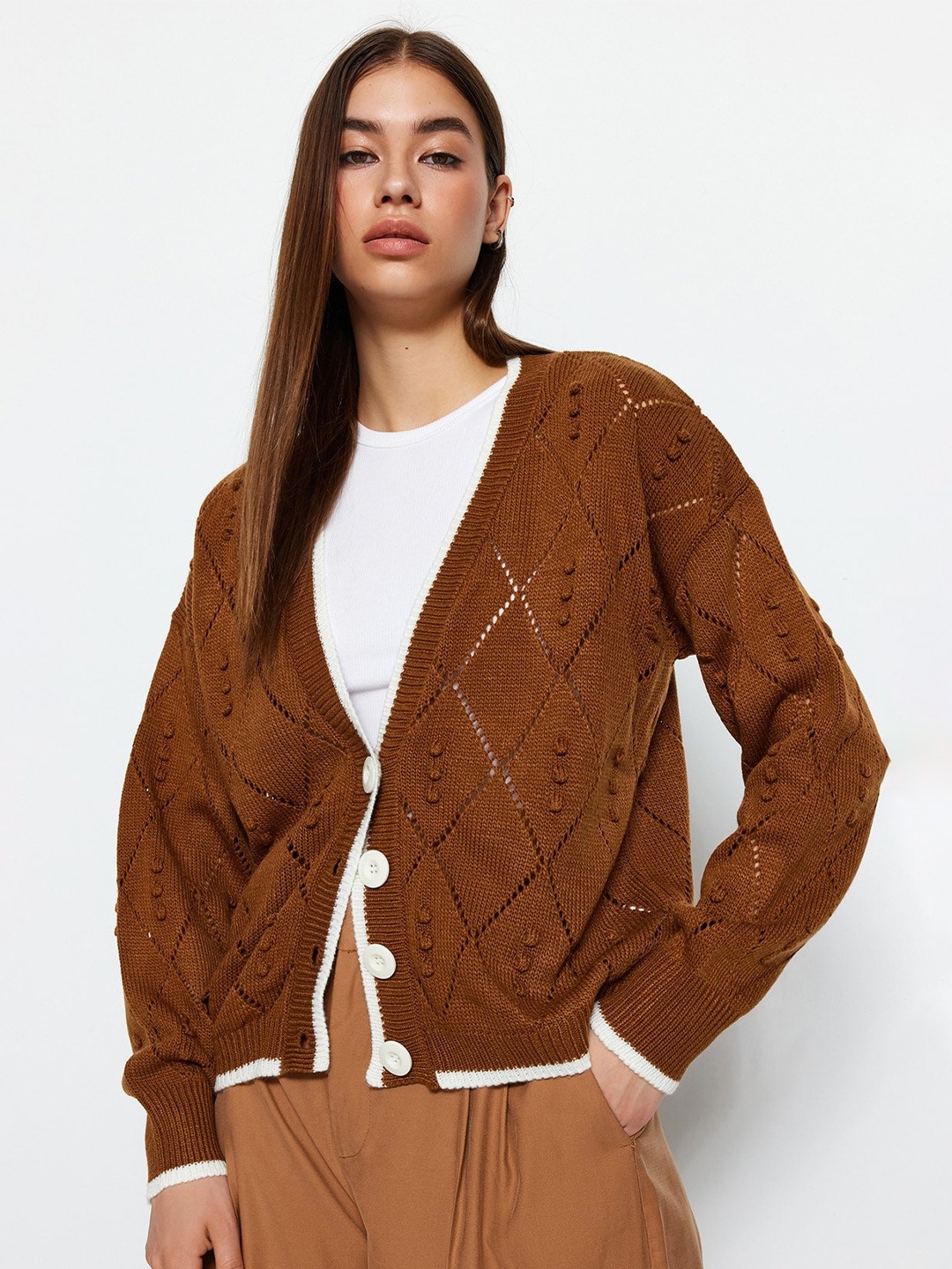 

Trendyol Open Knit V-Neck Acrylic Cardigan, Brown