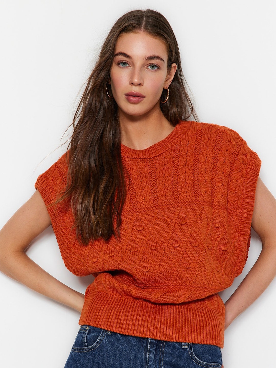 

Trendyol Self Design Cable Knit Acrylic Sweater Vest, Rust