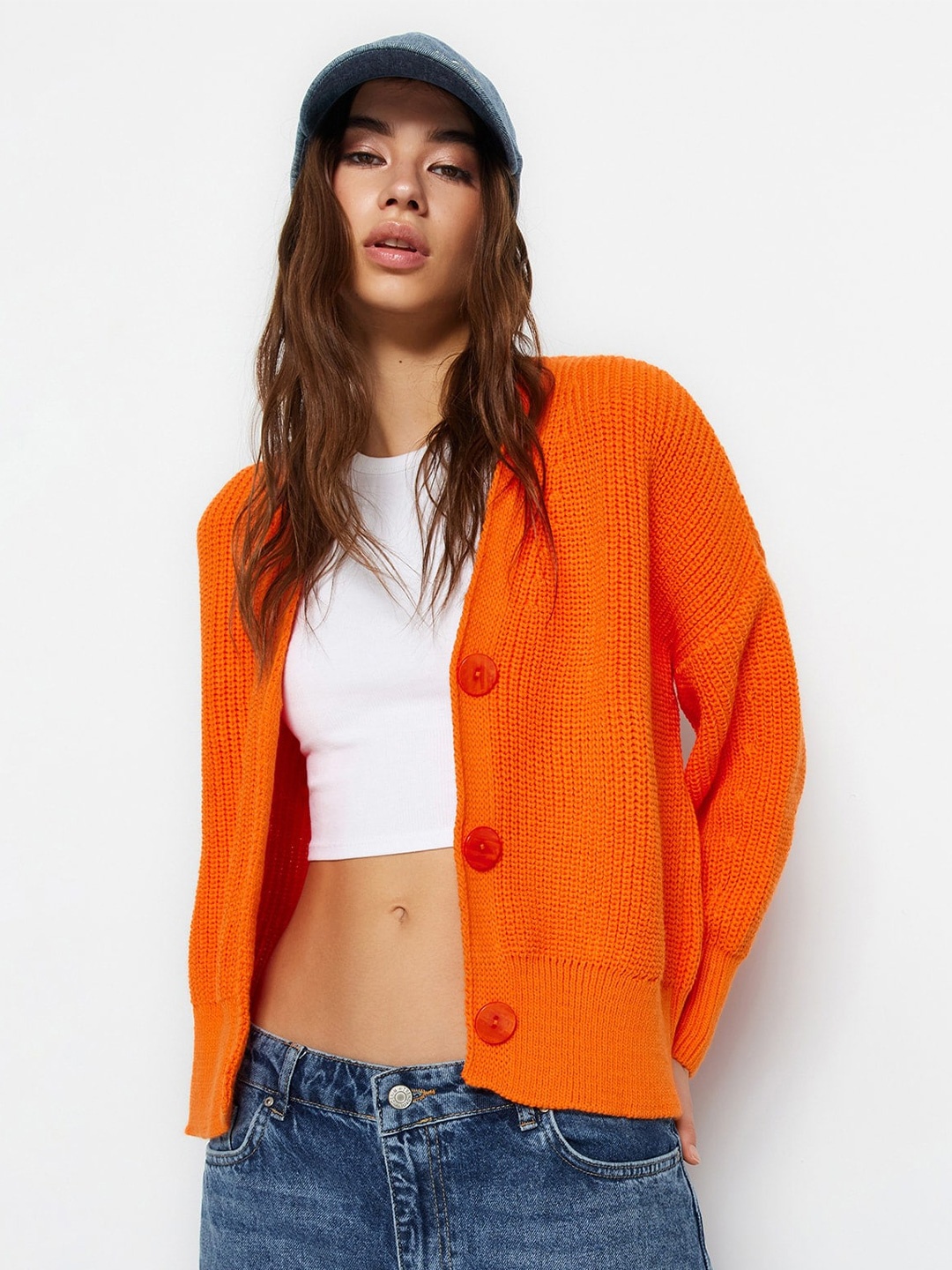 

Trendyol Ribbed V-Neck Acrylic Cardigan, Orange