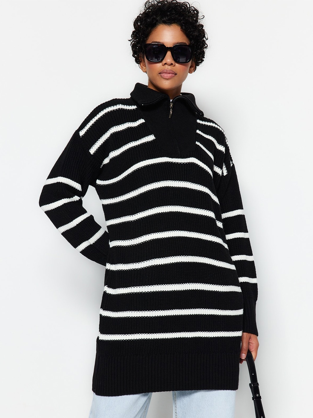 

Trendyol Striped Mock Collar Acrylic Longline Pullover, Black