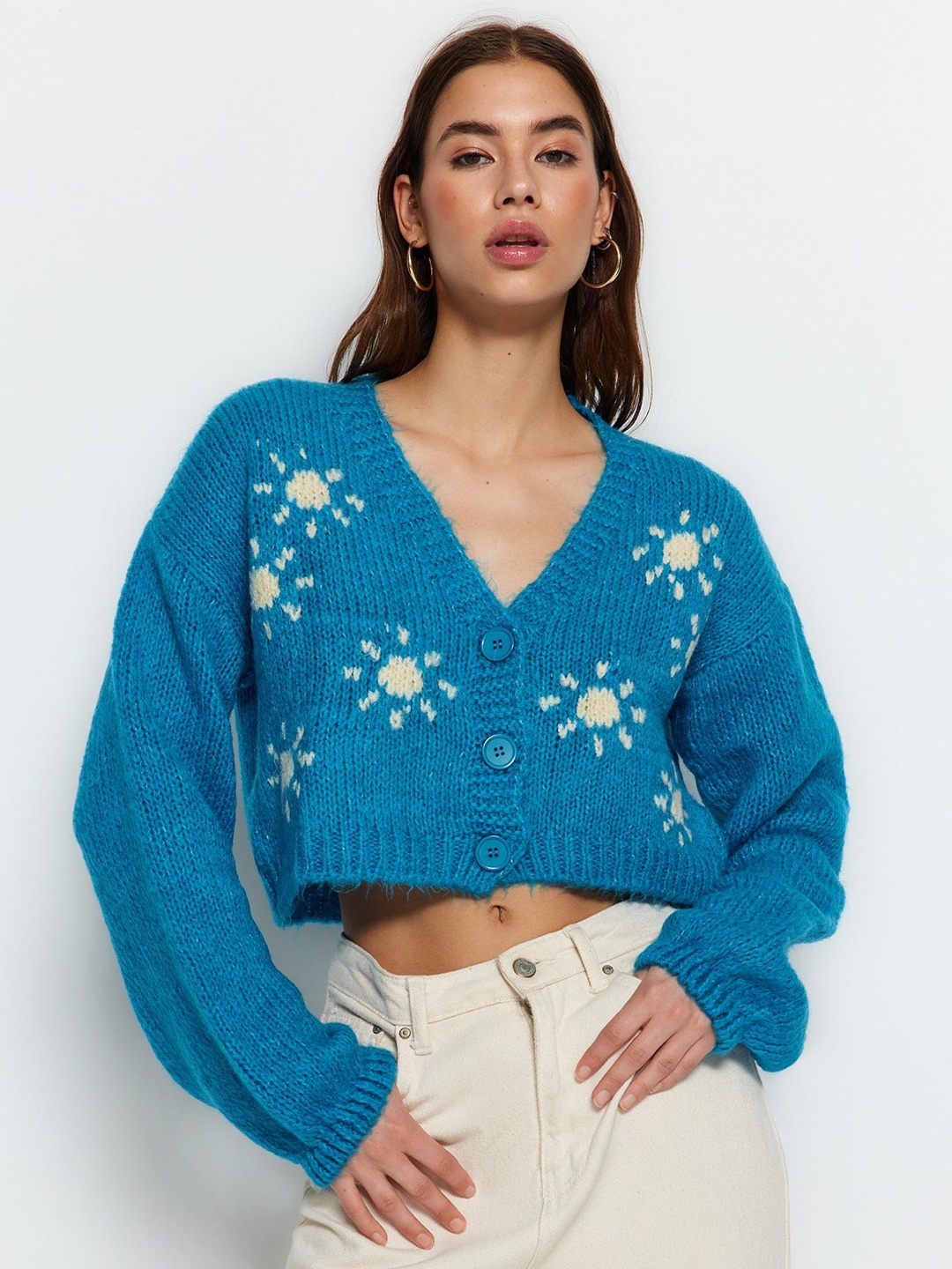 

Trendyol Ribbed V-Neck Cardigan, Blue