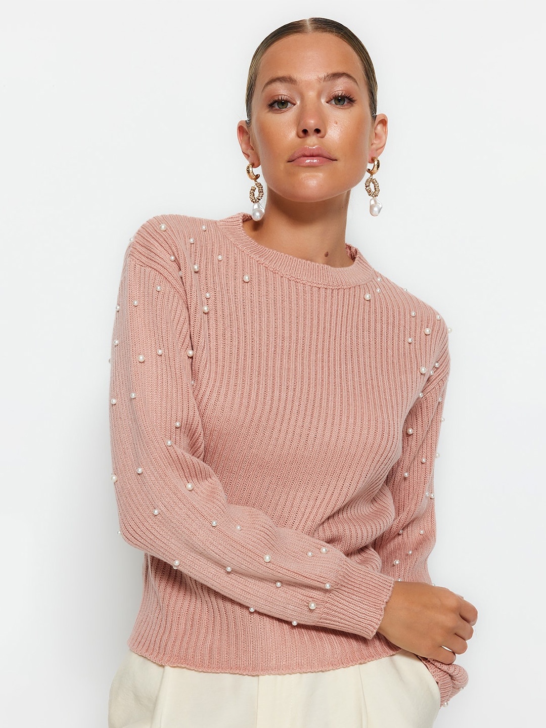 

Trendyol Ribbed Round Neck Long Sleeve Embellished Acrylic Pullover Sweaters, Pink