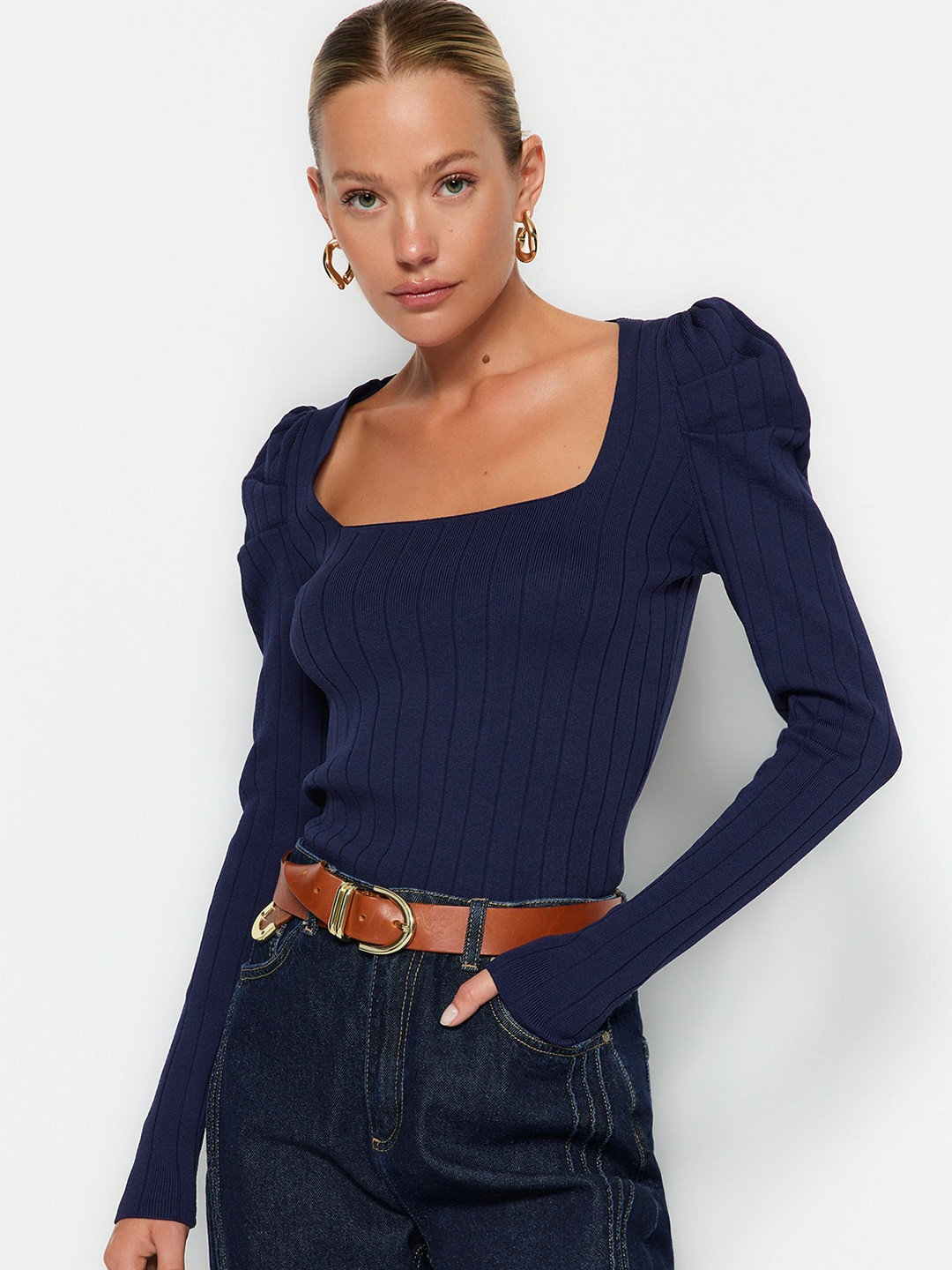 

Trendyol Ribbed Square Neck Pullover, Navy blue