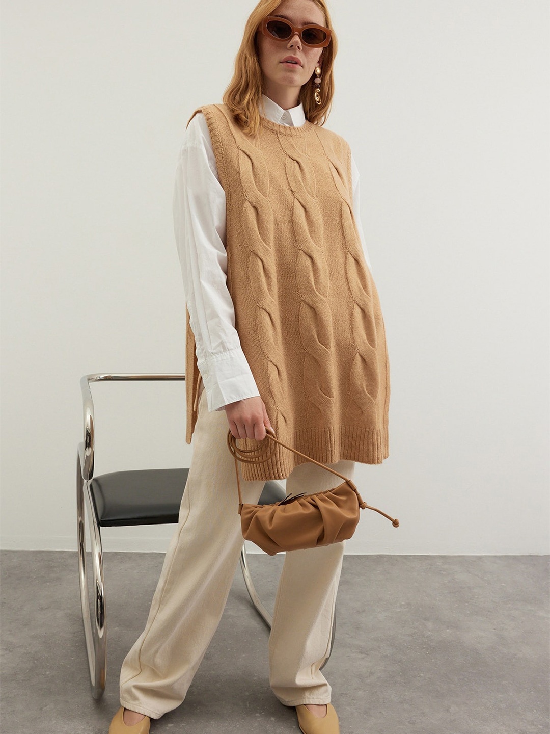 

Trendyol Self Design Cable Knit Longline Pullover, Brown