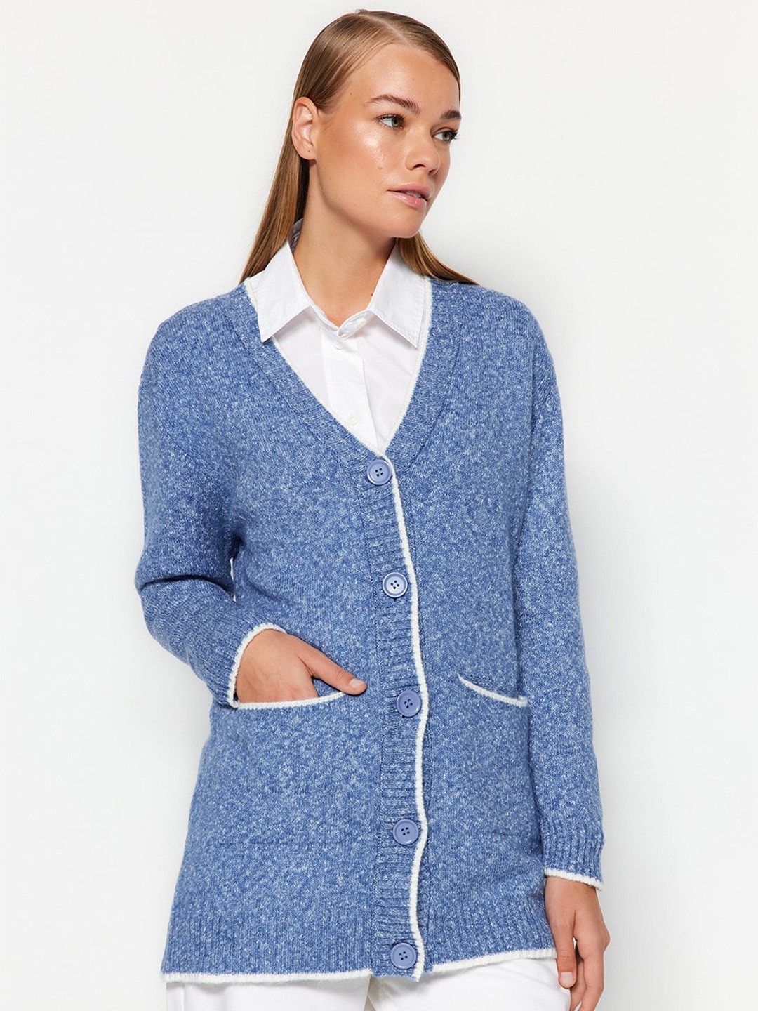 

Trendyol Cable Knit Acrylic Front-Open Sweaters, Blue