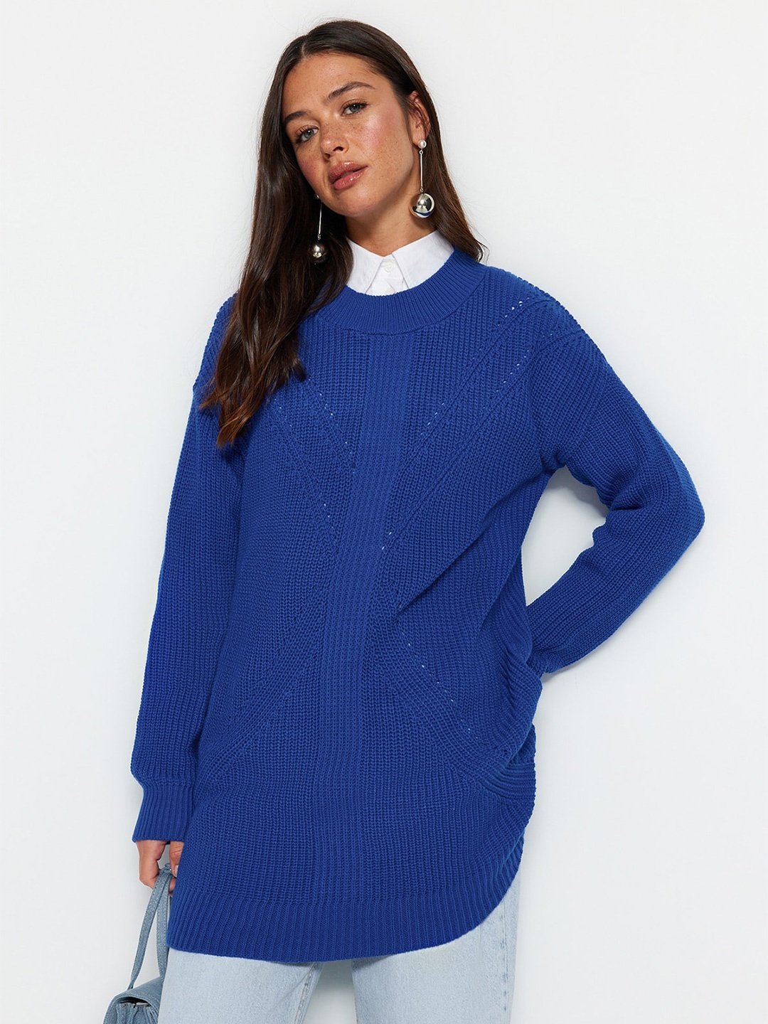 

Trendyol Ribbed Acrylic Longline Pullover Sweater, Blue