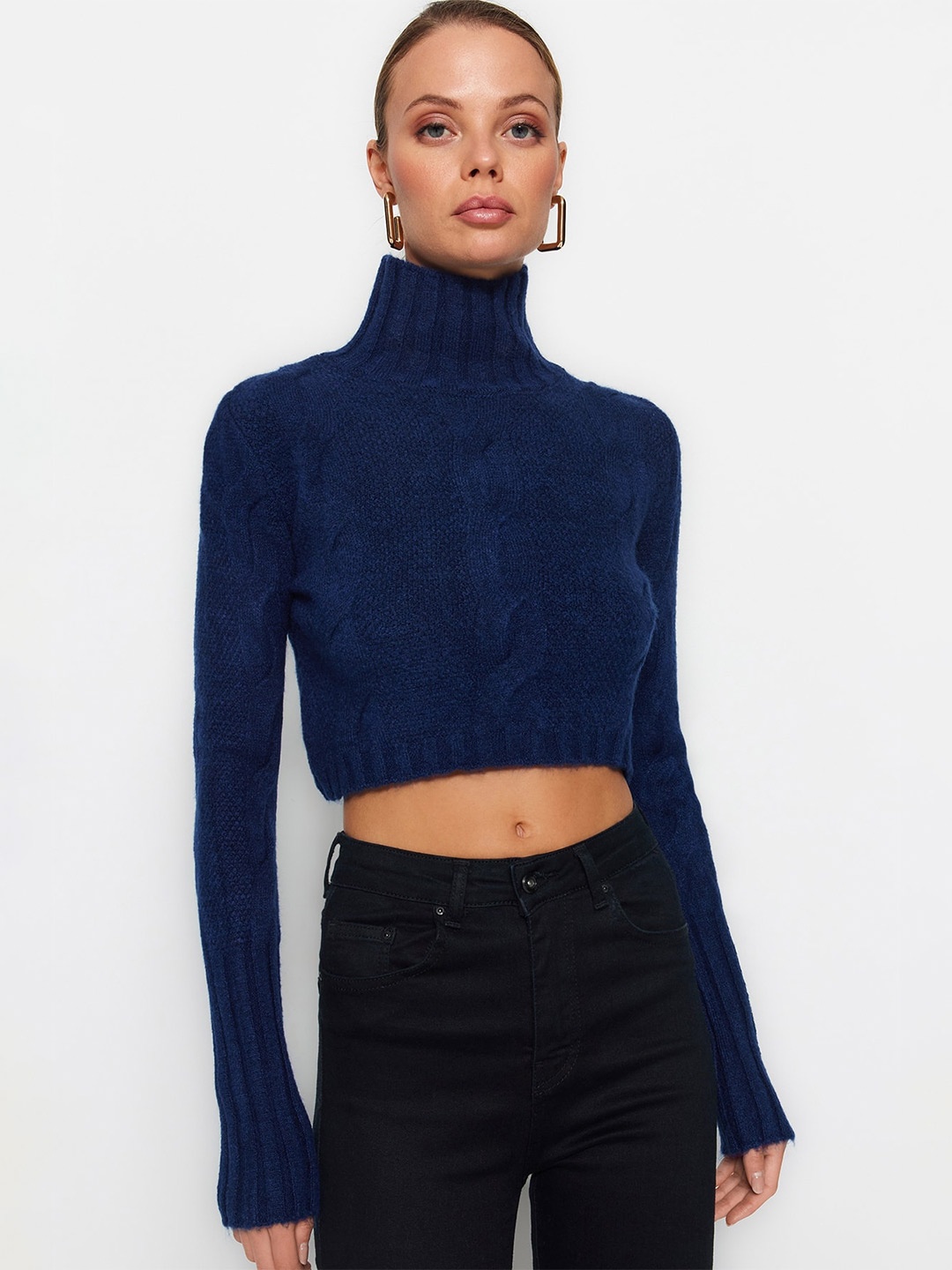 

Trendyol Cable Knit Turtle Neck Crop Pullover, Blue
