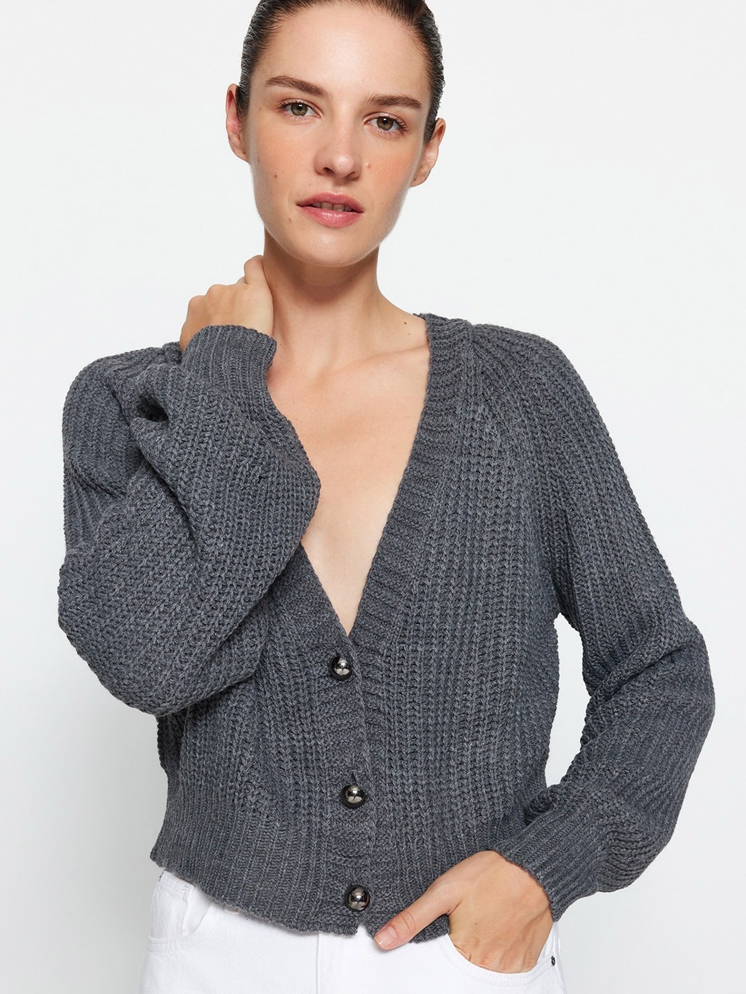 

Trendyol Cable Knit Self Design V-Neck Crop Acrylic Cardigan Sweater, Grey