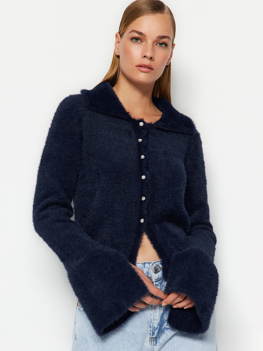 

Trendyol Self Design Shirt Collar Acrylic Cardigan With Fuzzy, Navy blue