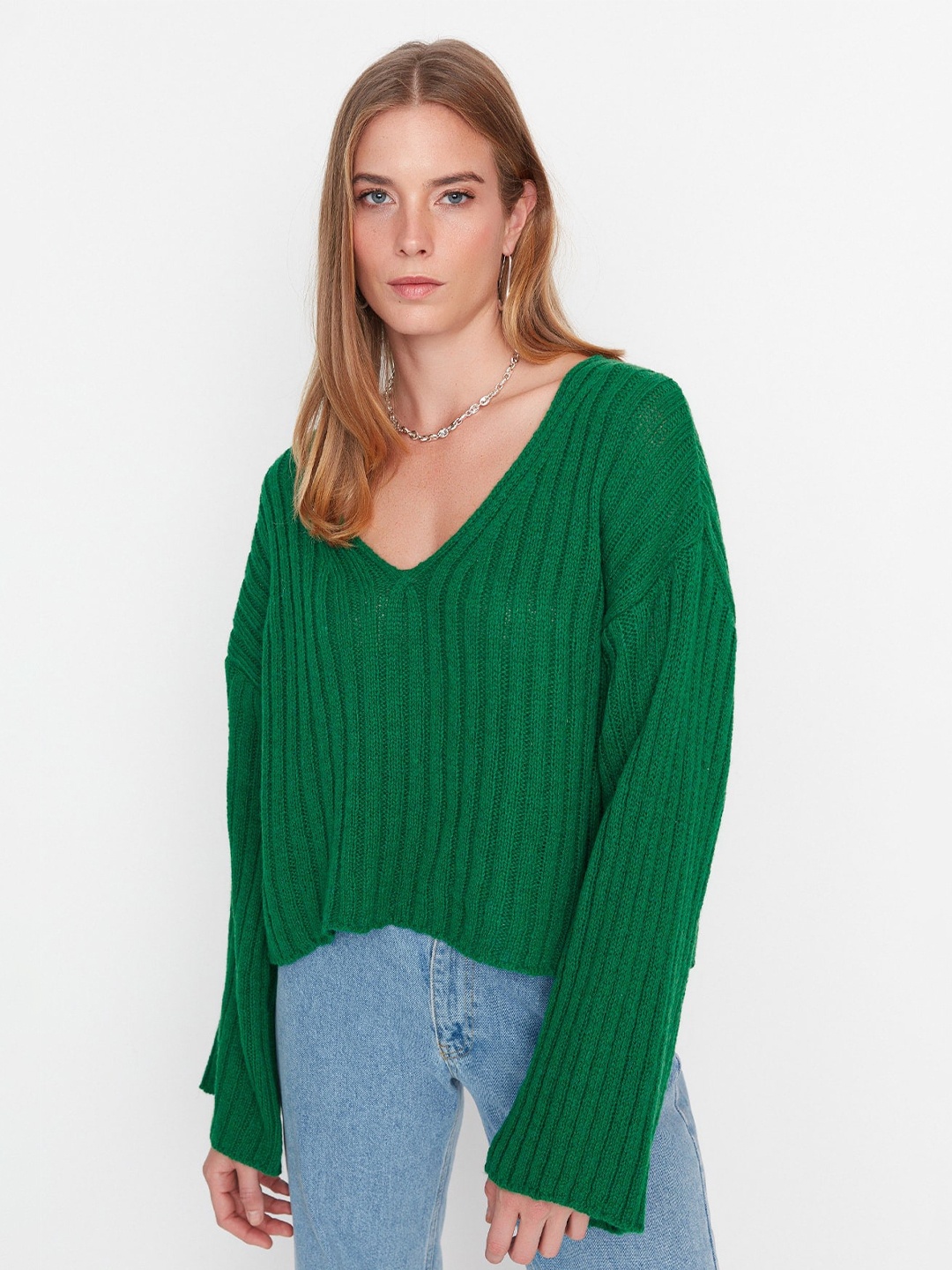 

Trendyol Ribbed V-Neck Long Sleeve Woollen Pullover Sweaters, Green