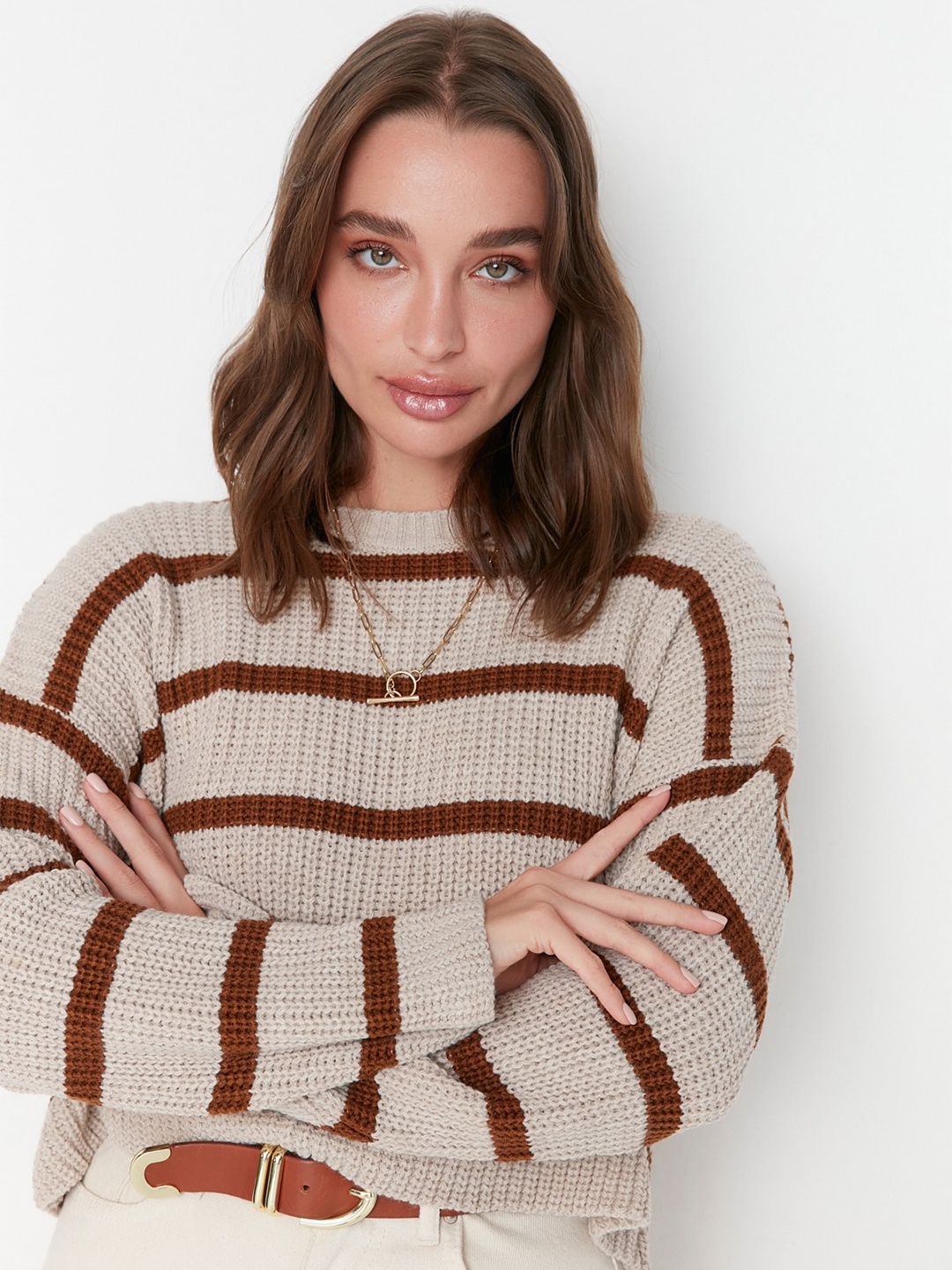 

Trendyol Striped Pure Acrylic Pullover Sweaters, Beige