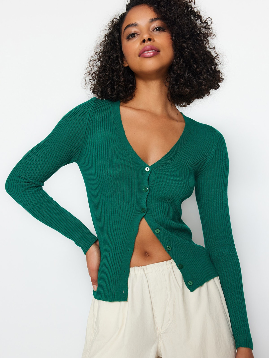 

Trendyol V-Neck Ribbed Acrylic Cardigan, Green