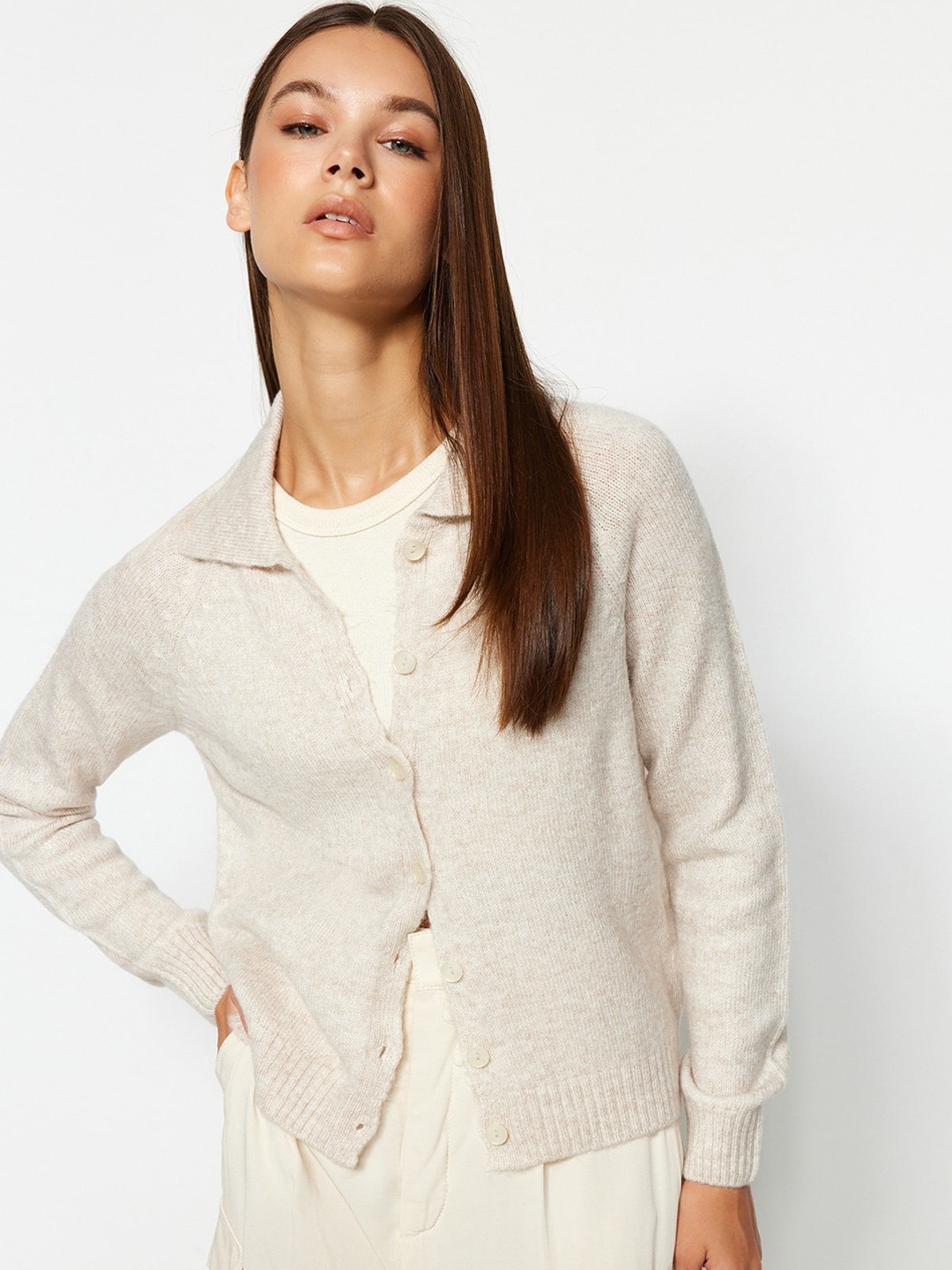

Trendyol Spread Collar Ribbed Cardigan, Beige