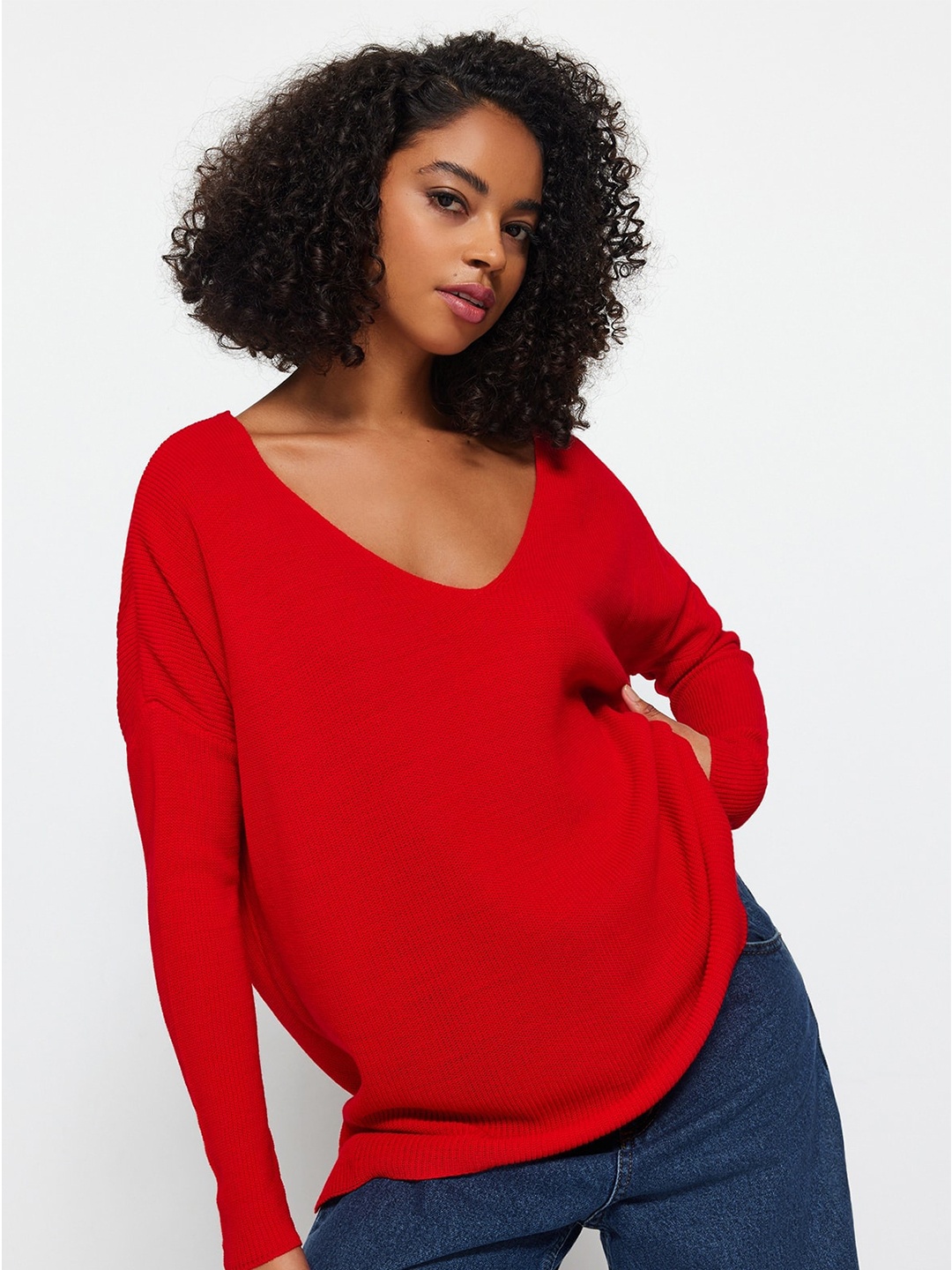 

Trendyol Ribbed V-Neck Acrylic Pullover, Red
