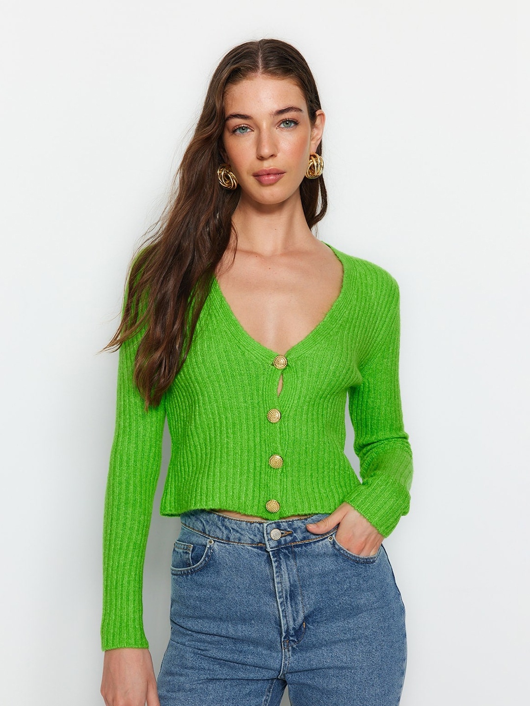 

Trendyol Ribbed V-Neck Acrylic Cardigan, Green