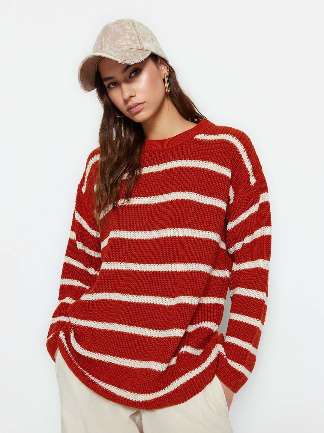 

Trendyol Striped Pure Acrylic Pullover, Maroon
