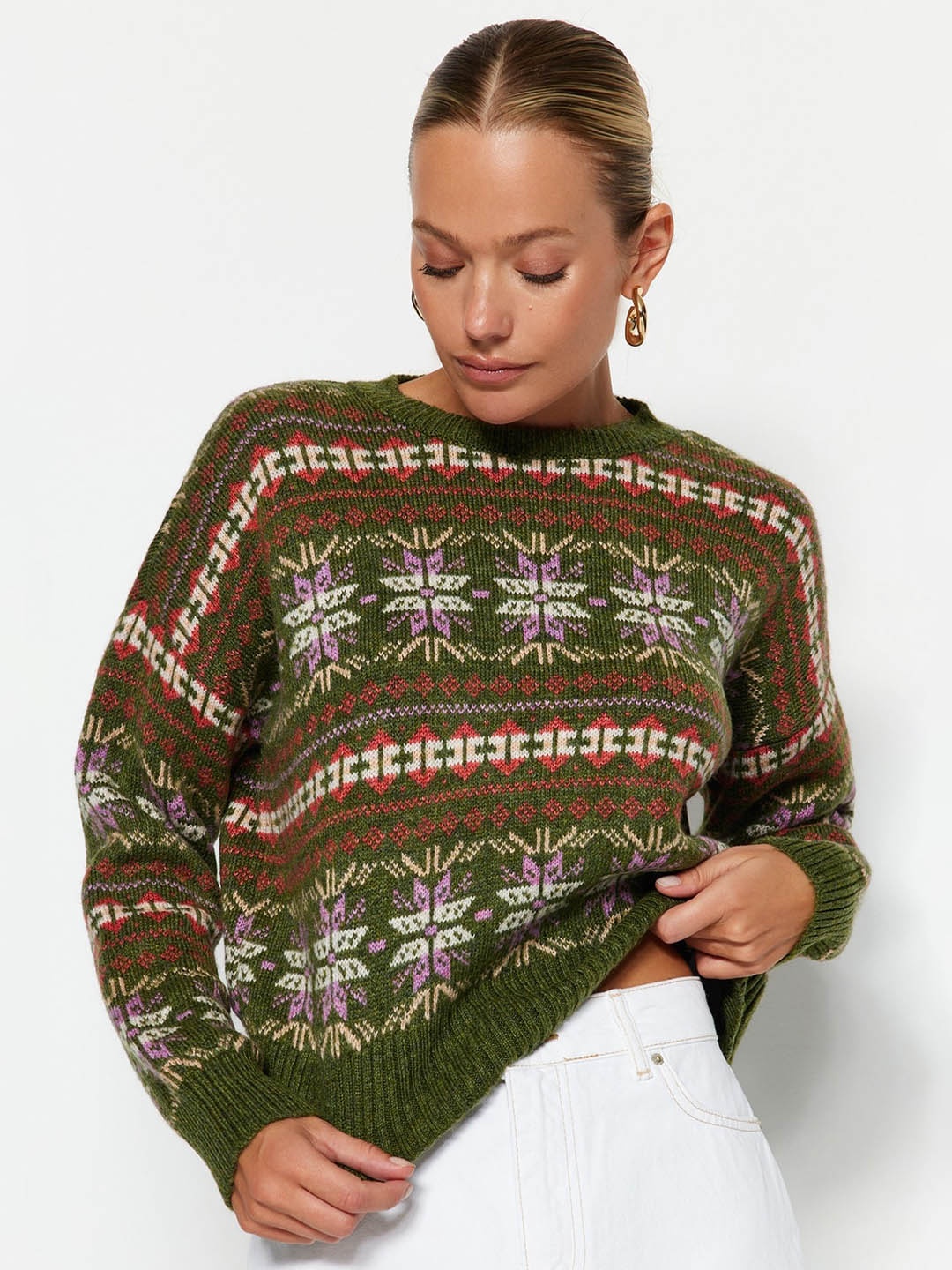 

Trendyol Printed Round Neck Pullover, Green